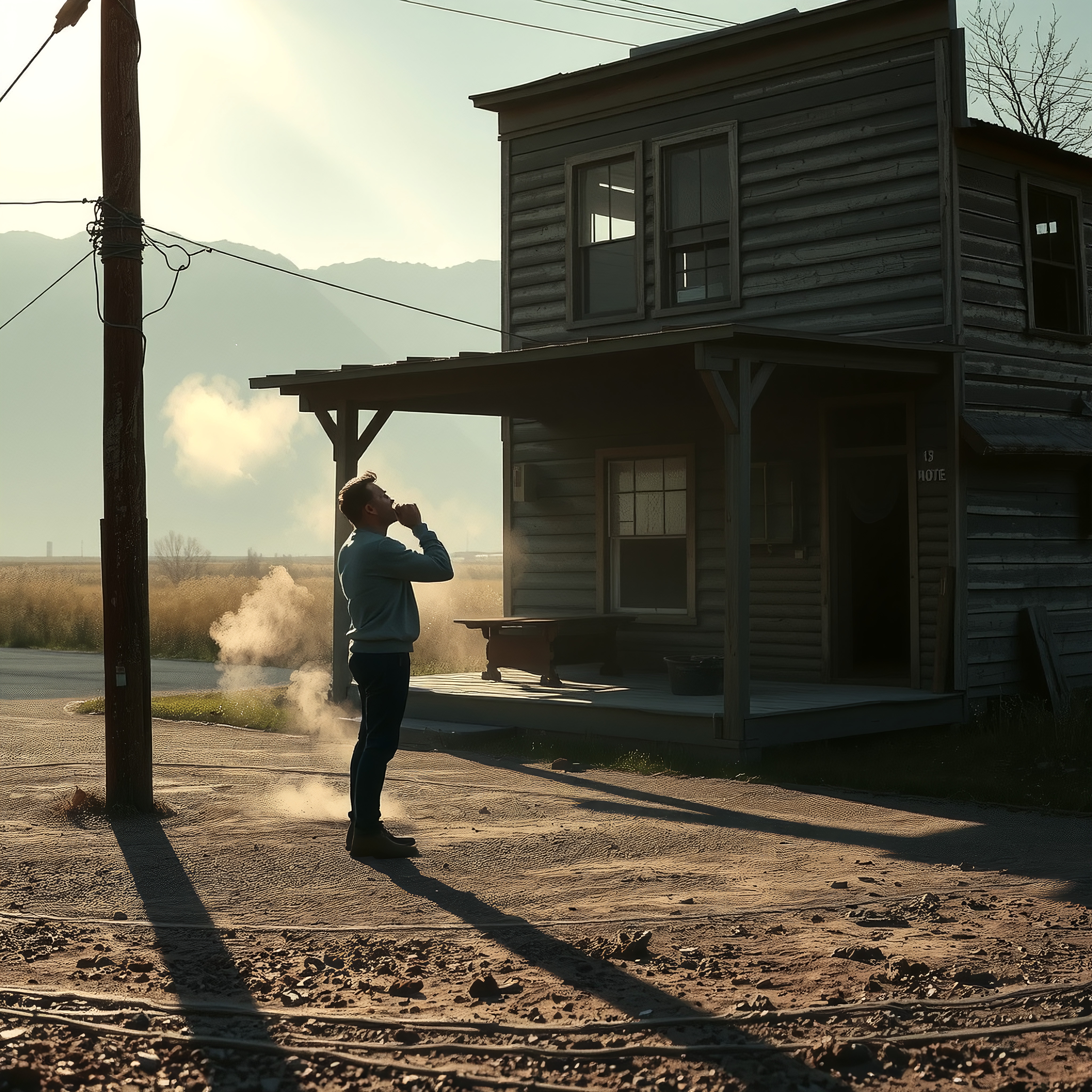 A man stands outside a rustic wooden building, sipping a drink at sunset, with vapor rising in the peaceful countryside.