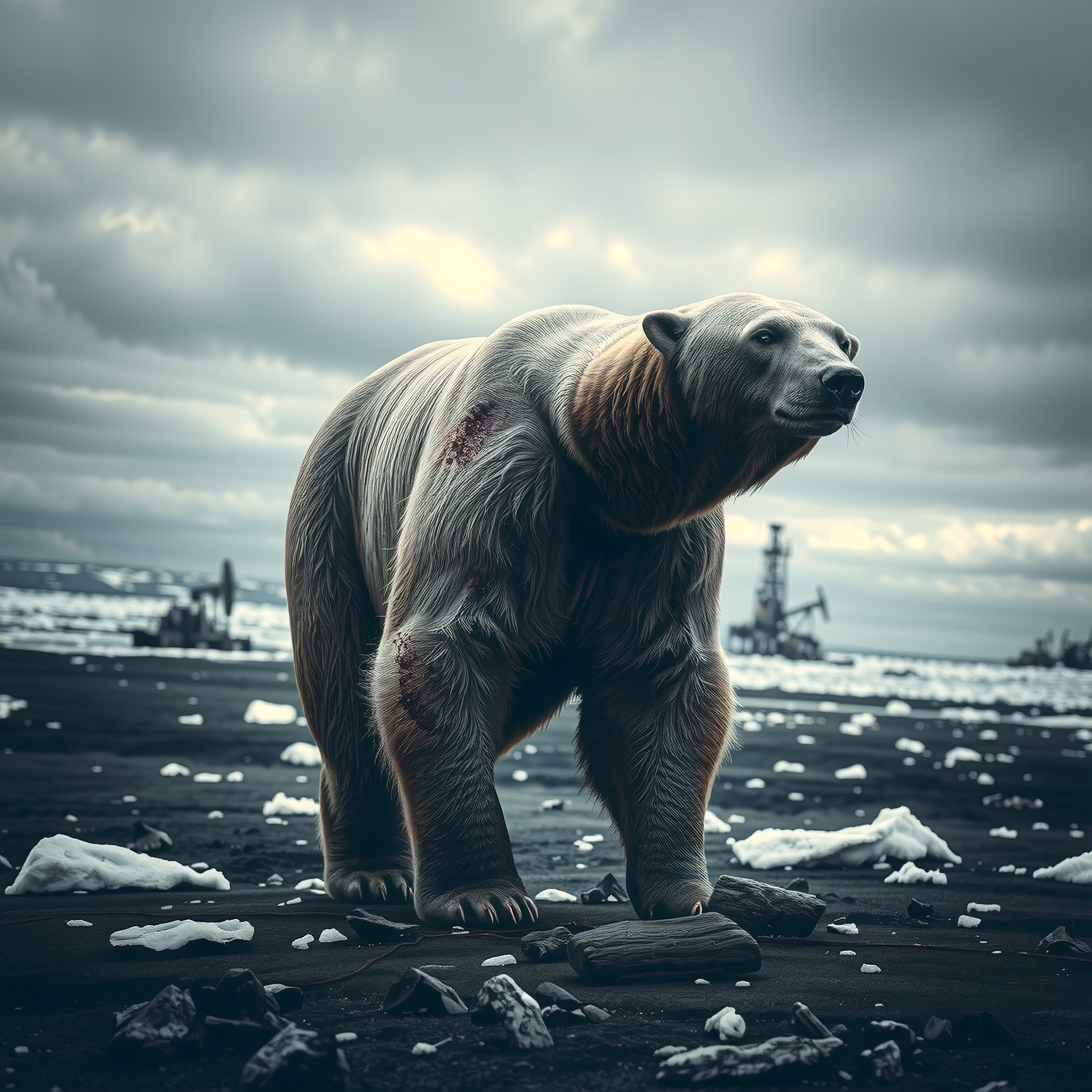 A polar bear walking through a snow-dusted Arctic landscape with an oil rig in the background.