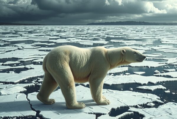 A lone polar bear stands on cracked Arctic ice under a cloudy sky, highlighting climate change effects.