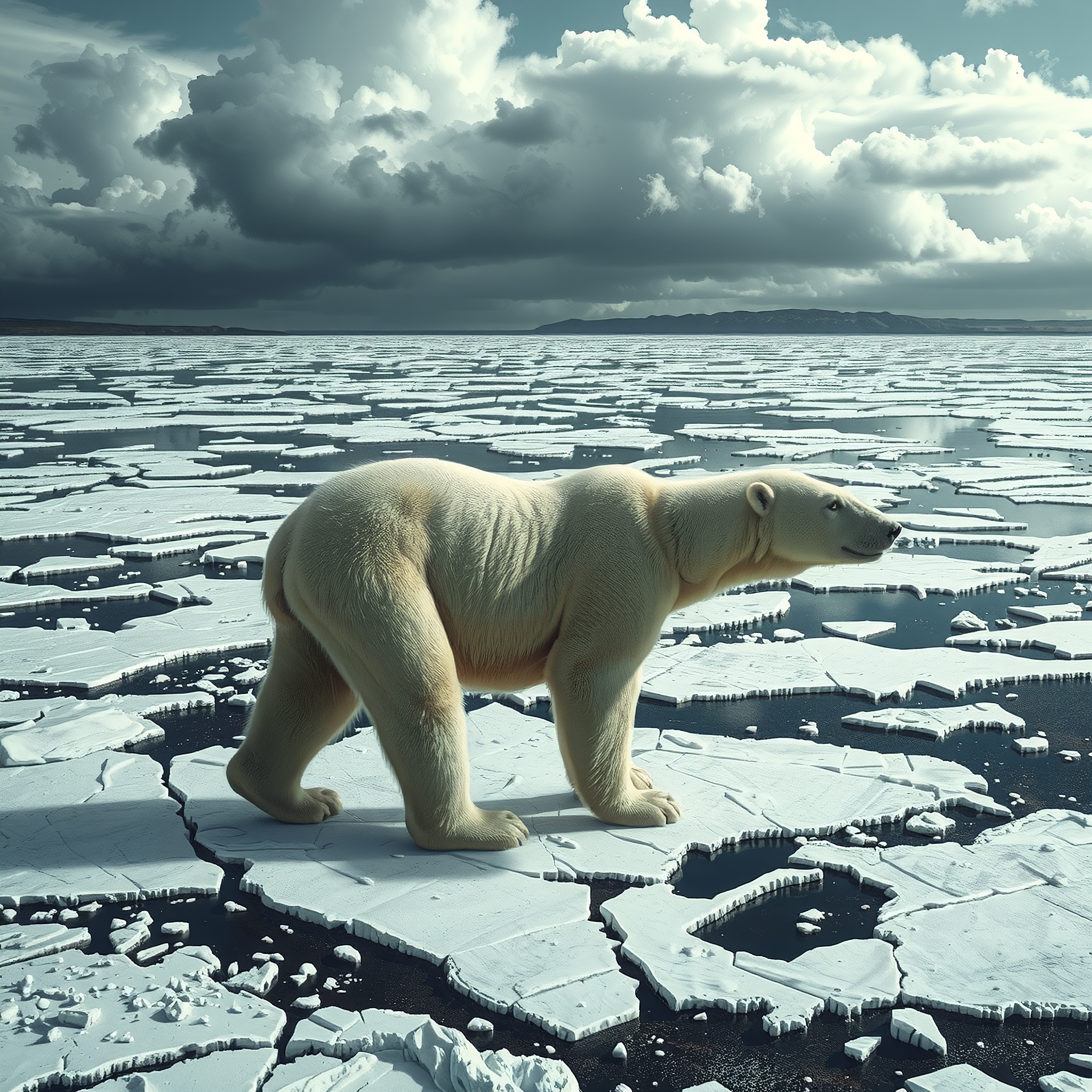 A lone polar bear stands on cracked Arctic ice under a cloudy sky, highlighting climate change effects.