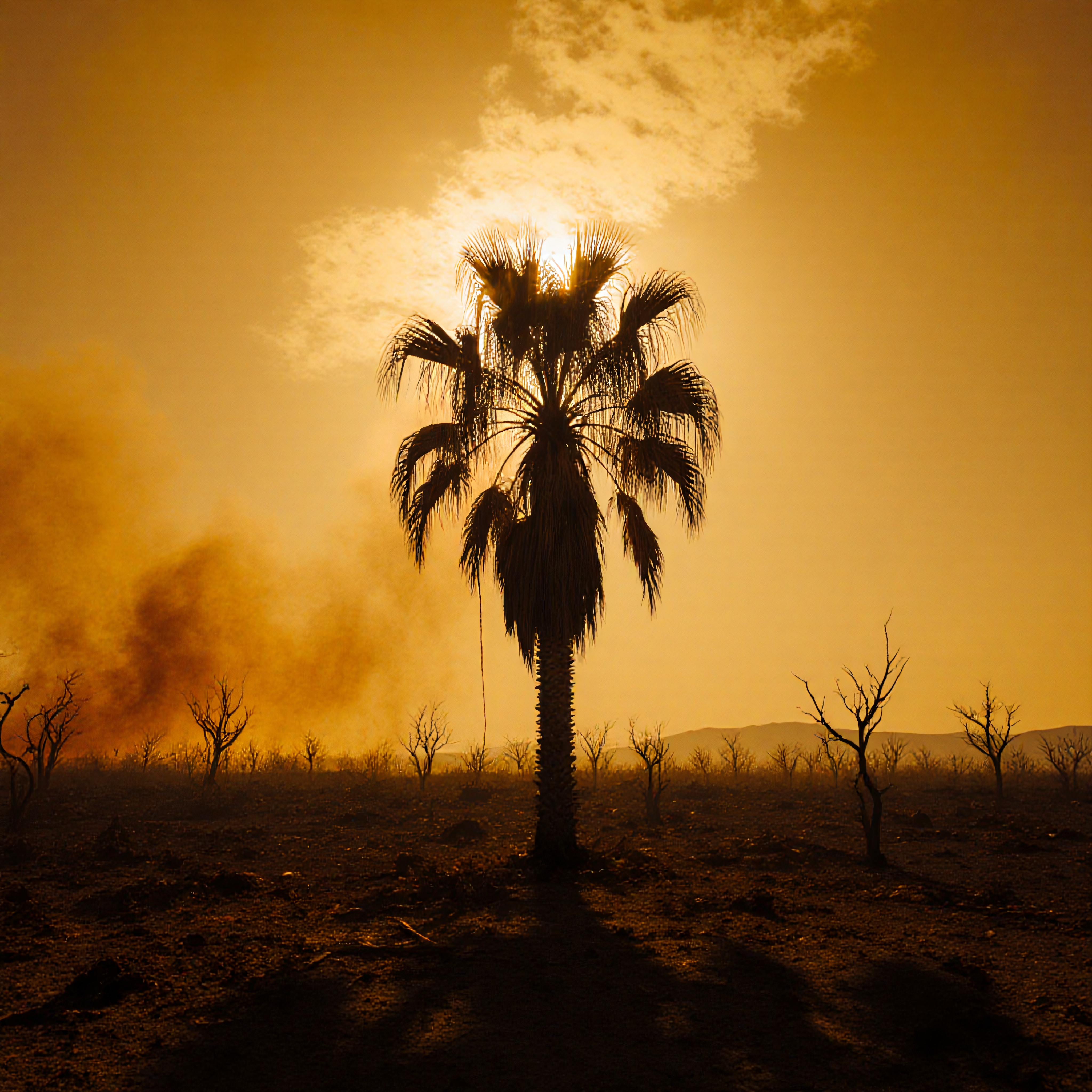 A solitary palm tree silhouetted against an orange desert sunset sky, surrounded by barren landscape.