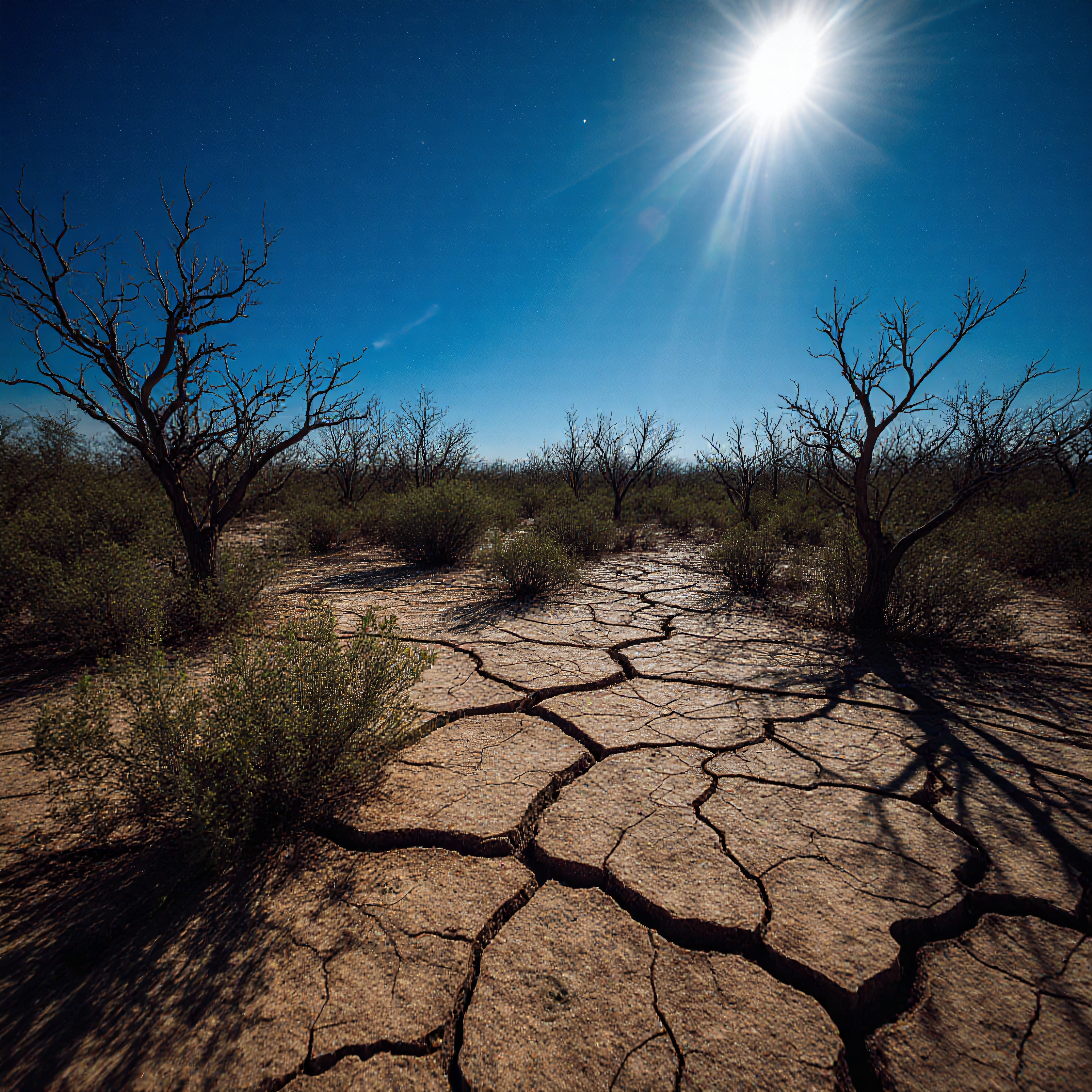 Cracked earth under bright sun in a dry, barren desert landscape.