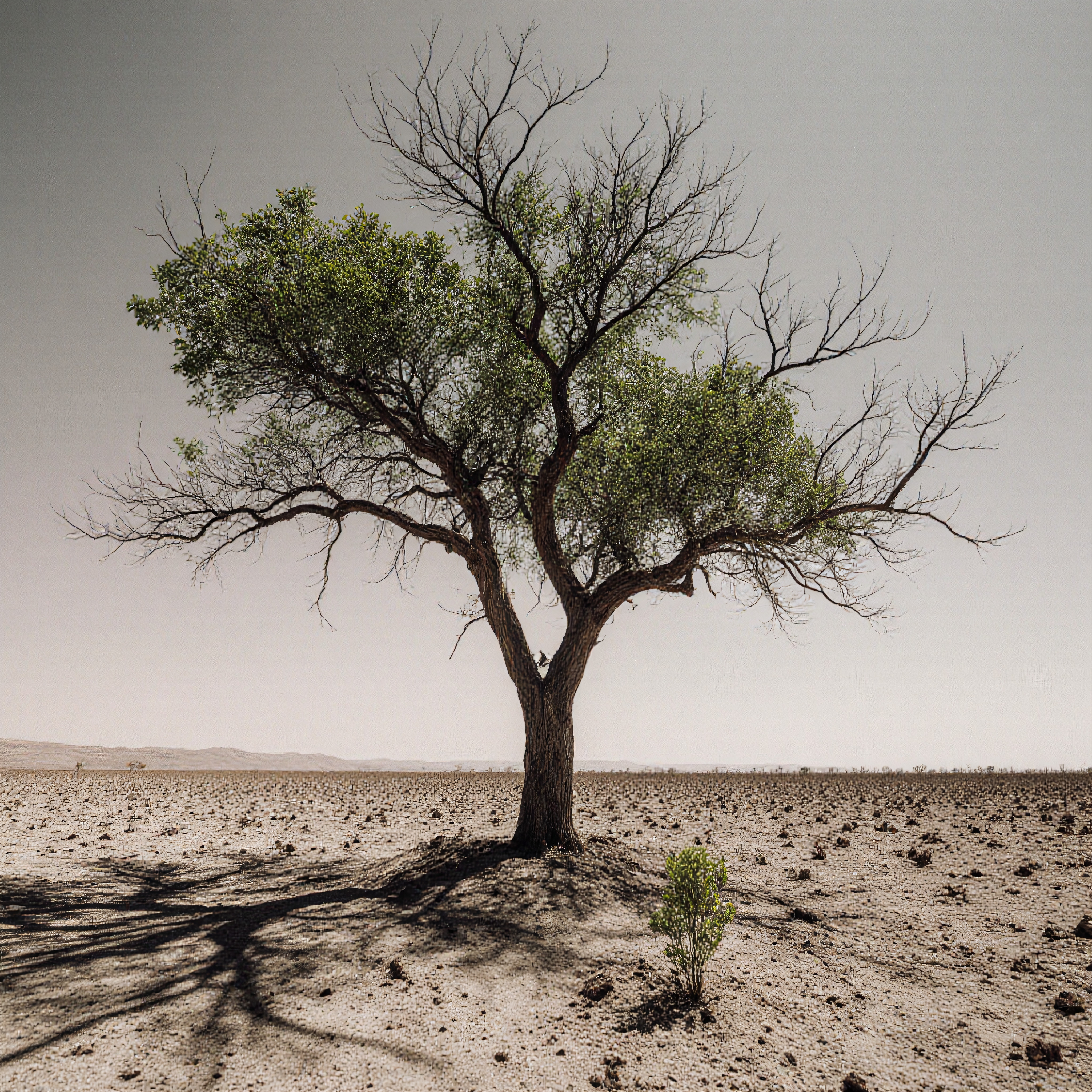 A solitary tree stands in a barren desert landscape under a pale sky with scattered branches and leaves.
