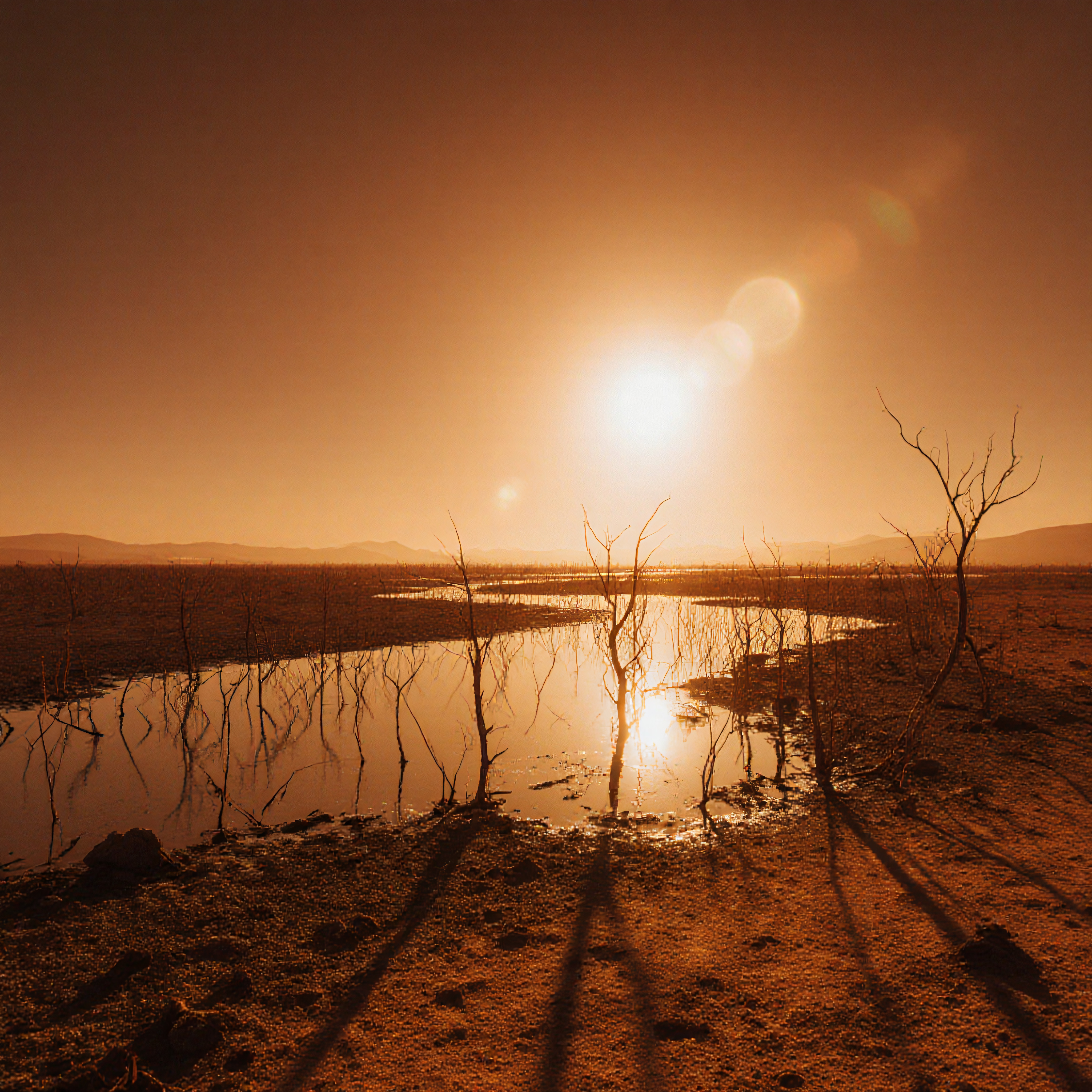 Misty Wetland at Sunset with Silhouetted Branches