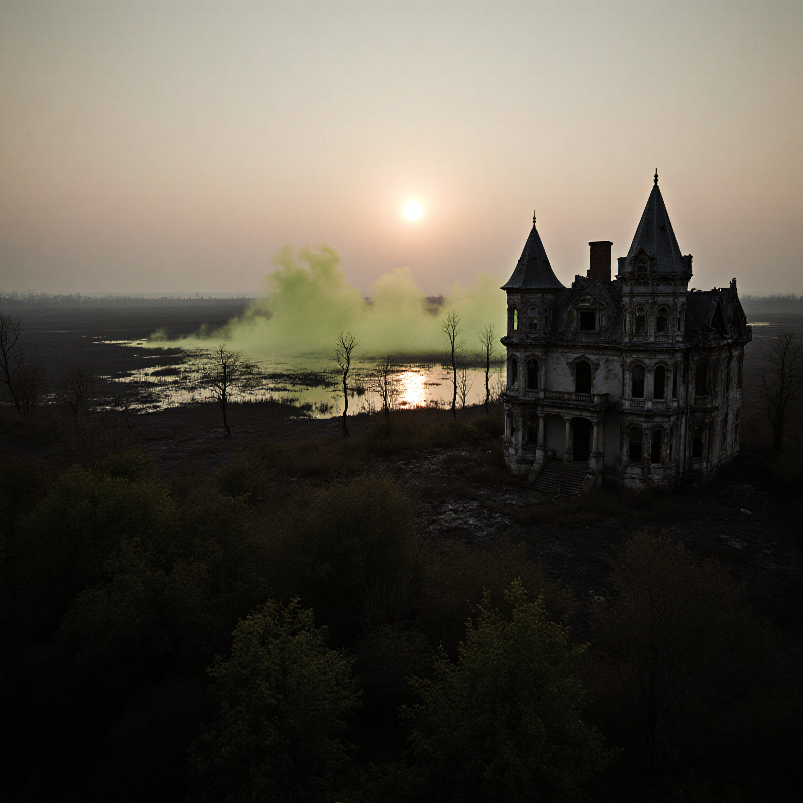 Eerie Abandoned Mansion with Turrets in Misty Wetlands at Dawn