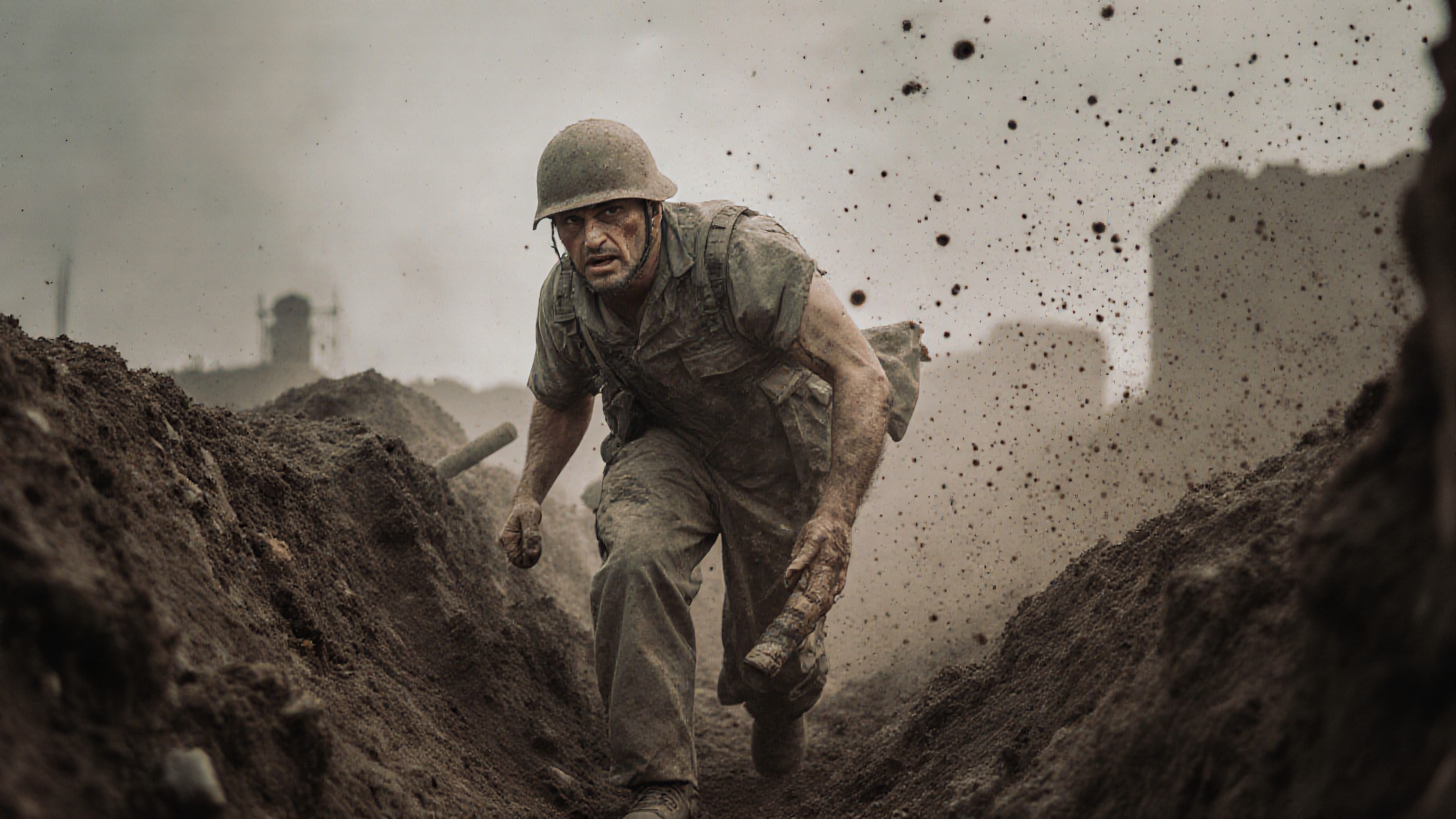 A determined soldier in a trench, surrounded by flying dirt, evokes wartime intensity and action.