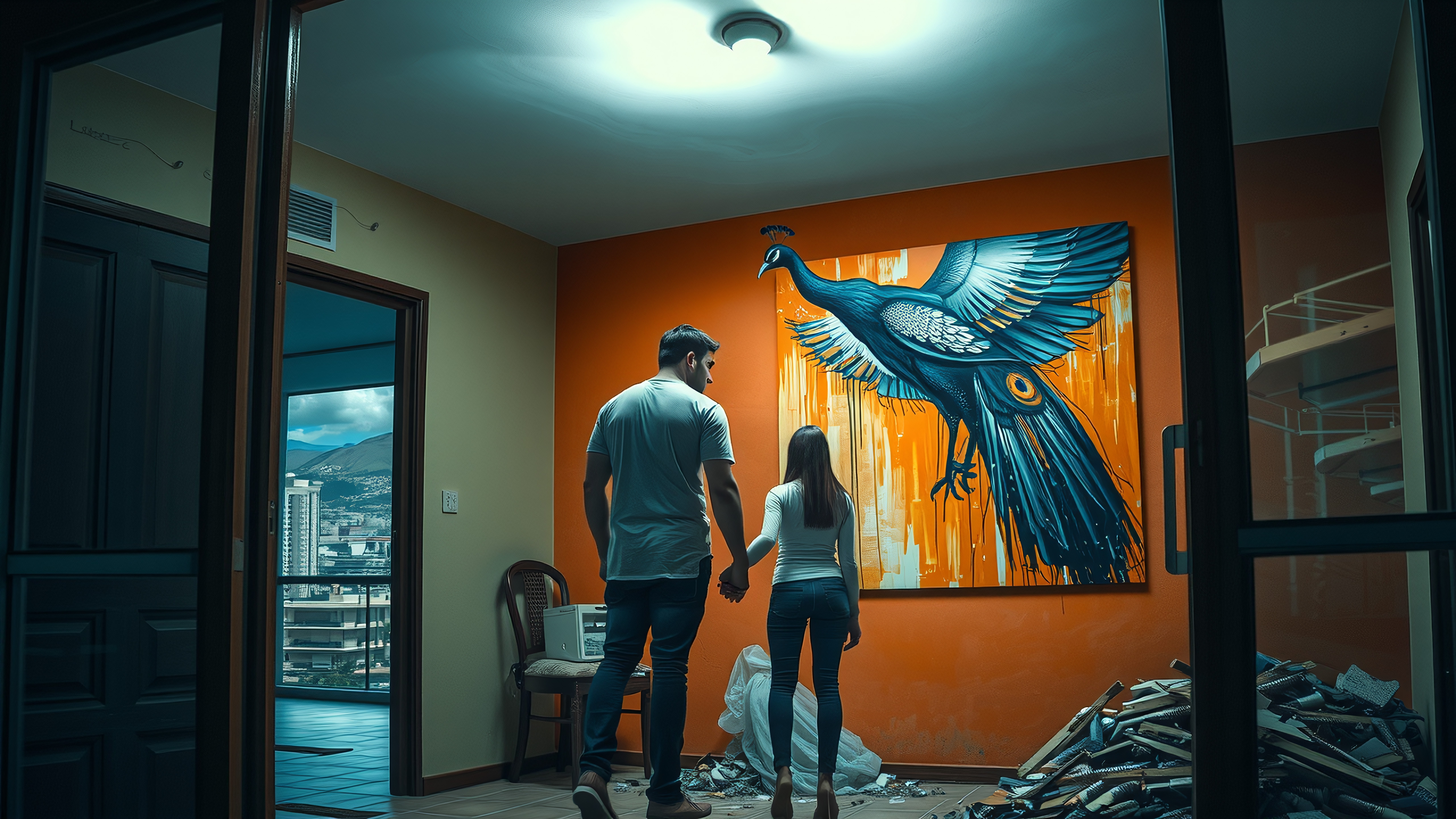 A couple gazes at a vibrant peacock mural in a dimly lit room with cityscape view.