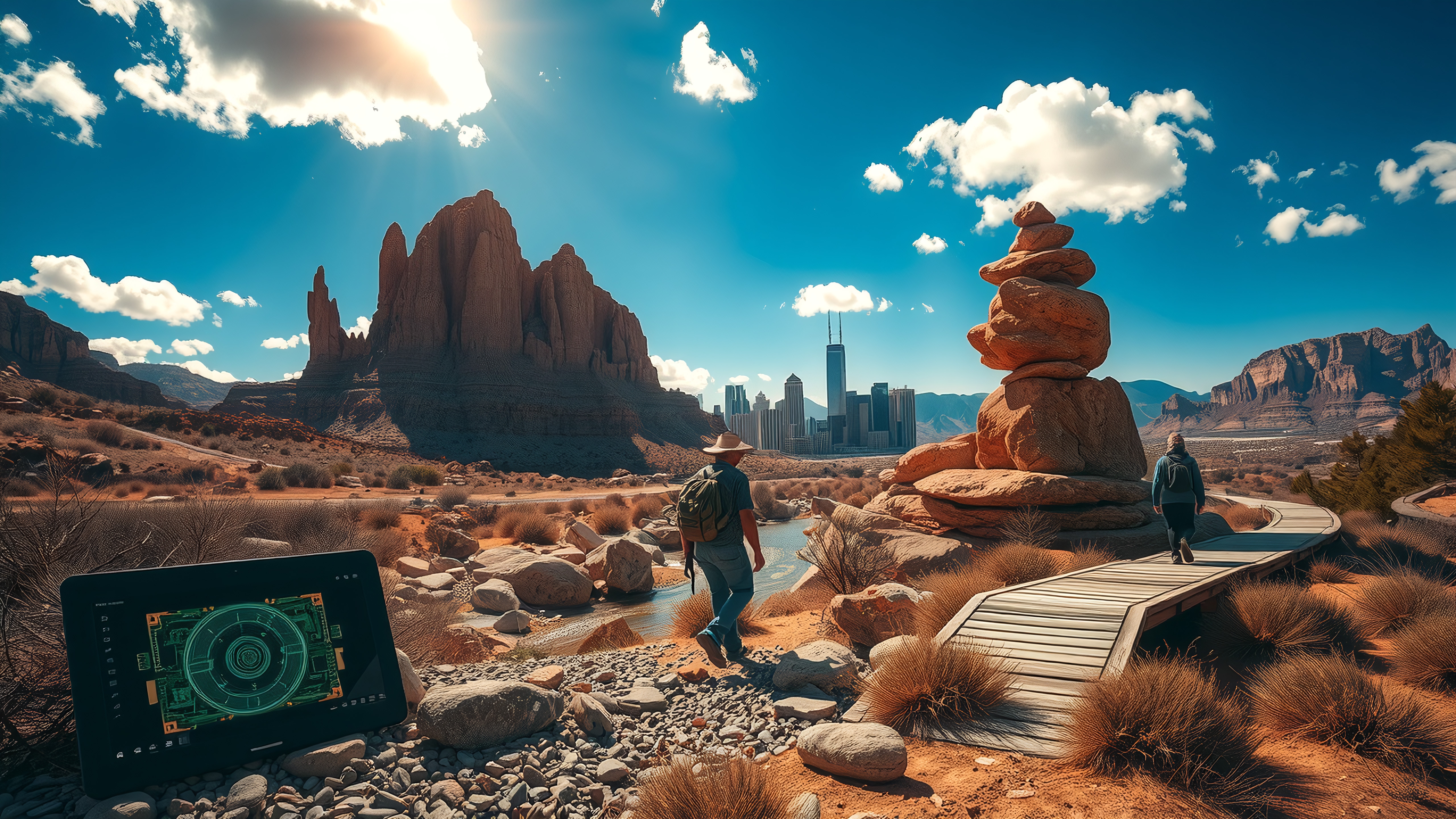 Hikers navigate desert path toward futuristic city skyline amid natural rock formations.