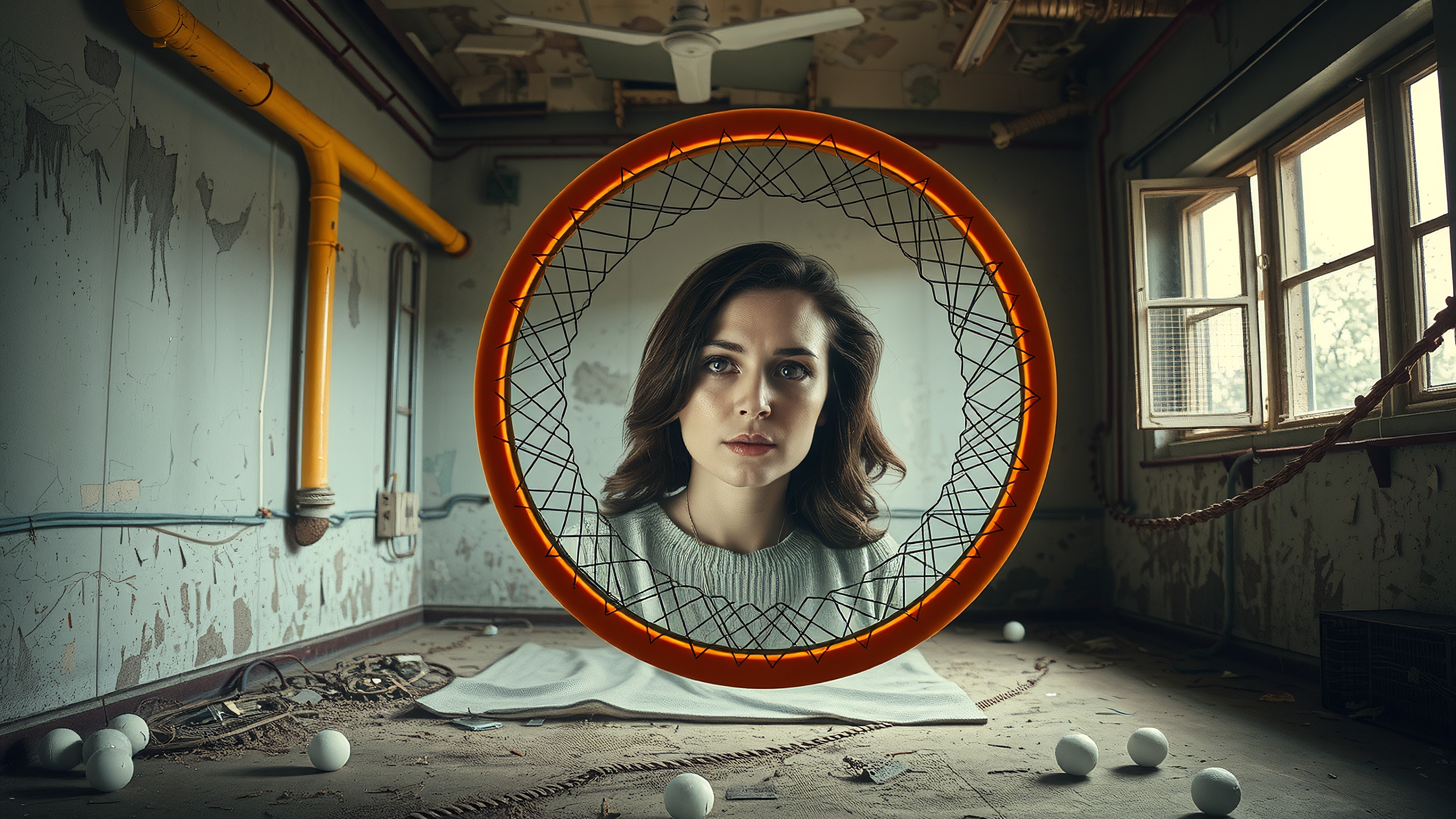 A woman framed in a circular structure sits in an abandoned room with peeling walls, under soft daylight filtering in through open windows.