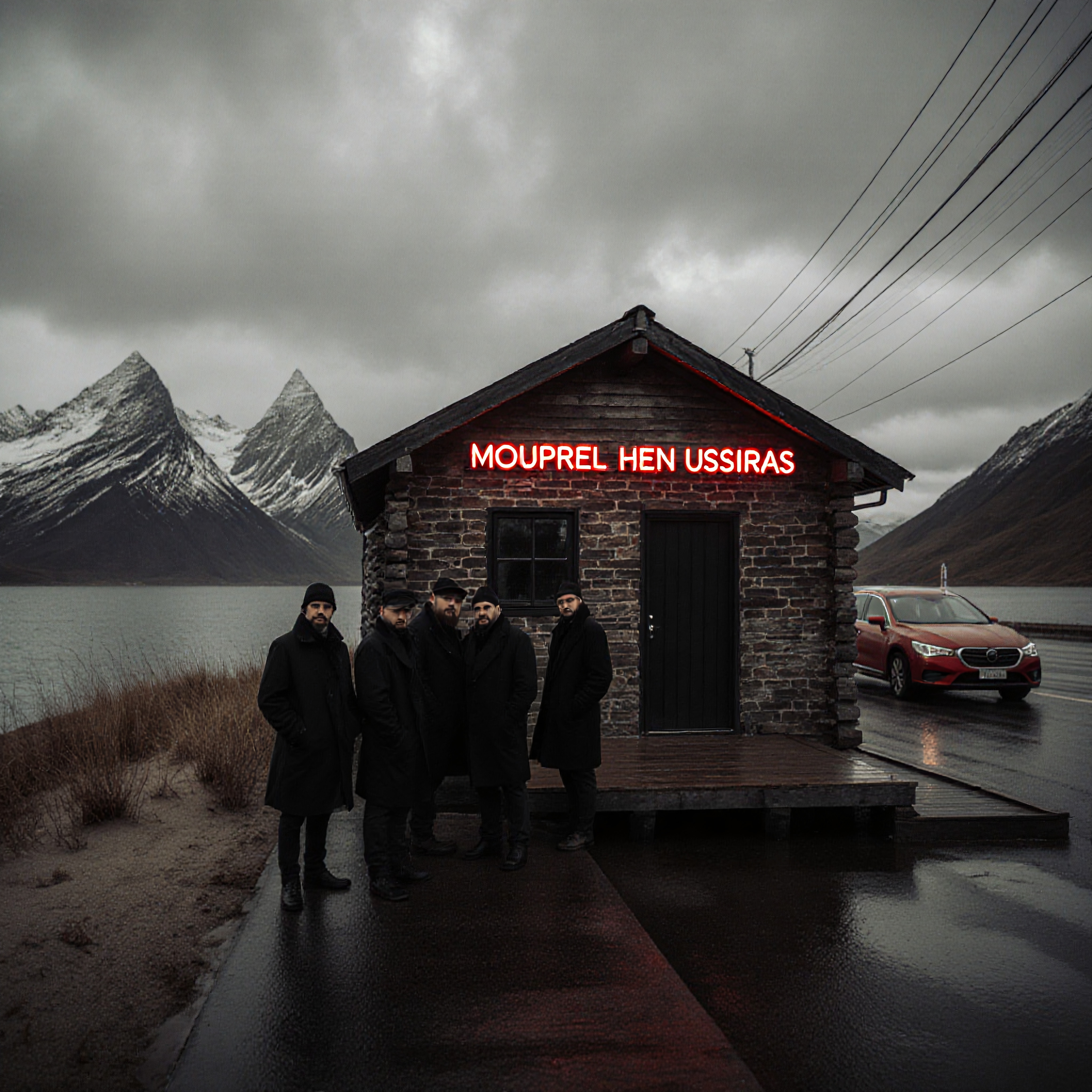A group of people in dark attire stands by a rustic stone building with a neon sign by a scenic, mountainous waterfront.