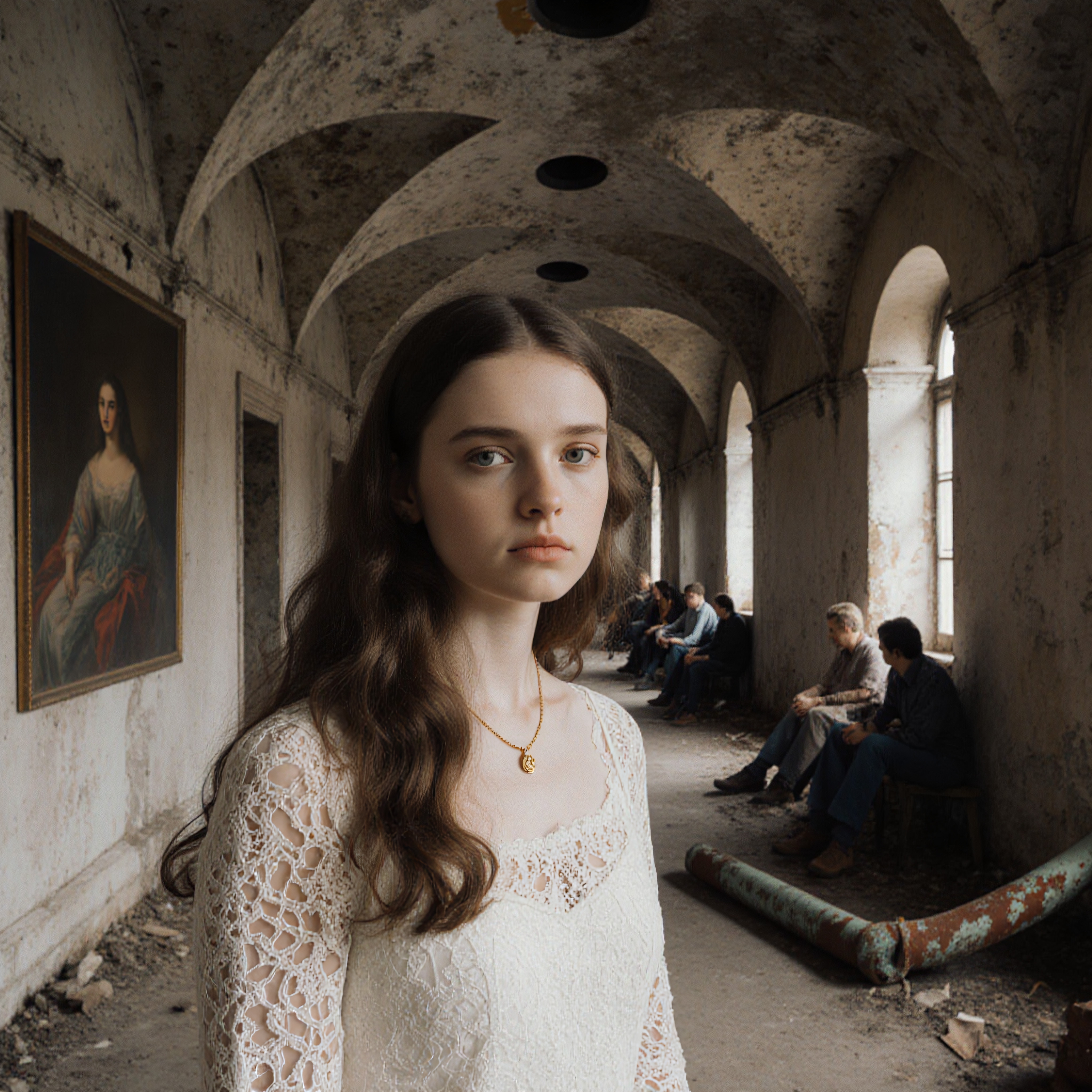A young woman in a white lace dress stands in a historic arched hallway, surrounded by textured walls and paintings.