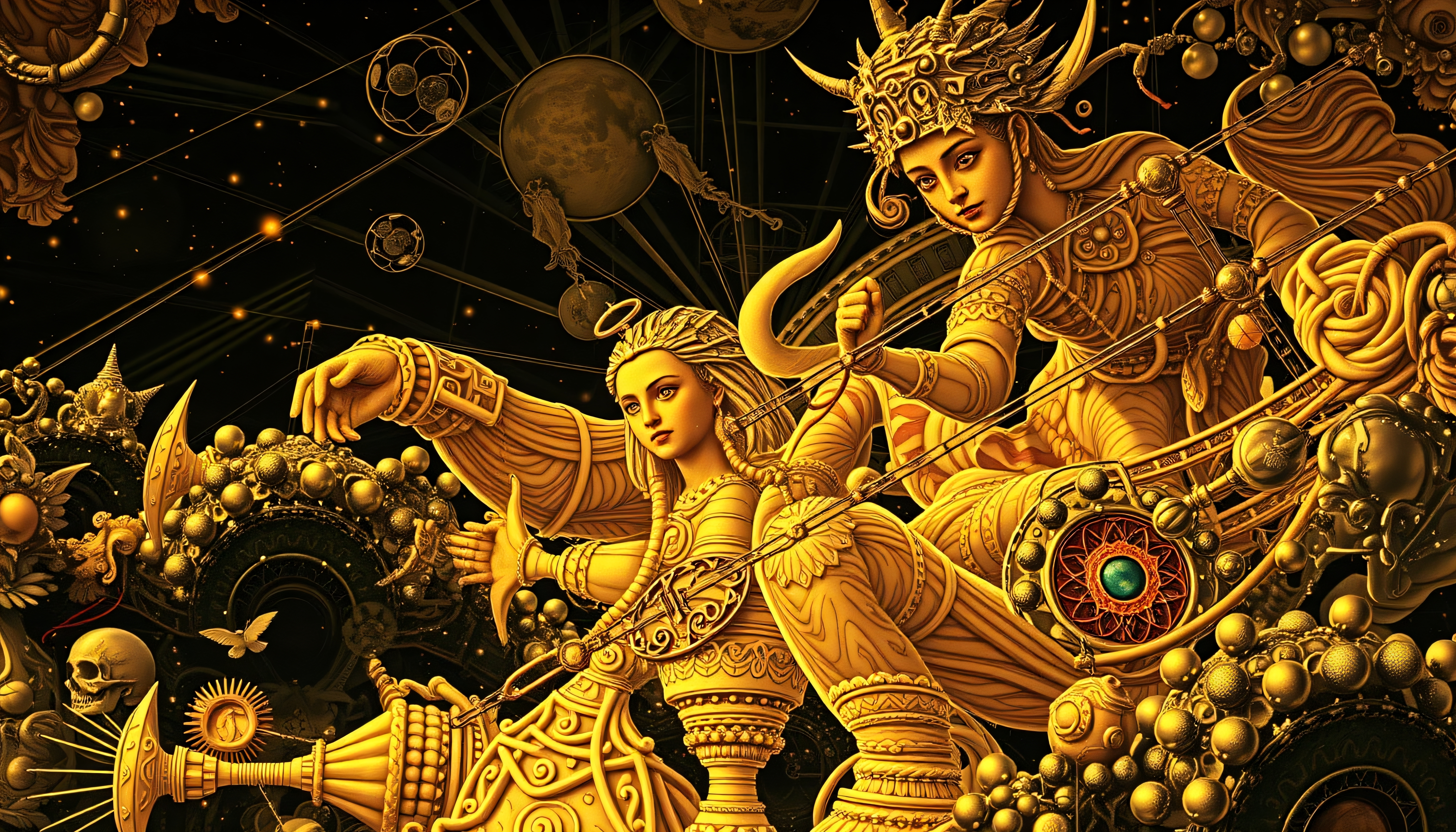 A celestial-themed artwork with two mythological figures in golden attire guiding a chariot through the cosmic space.