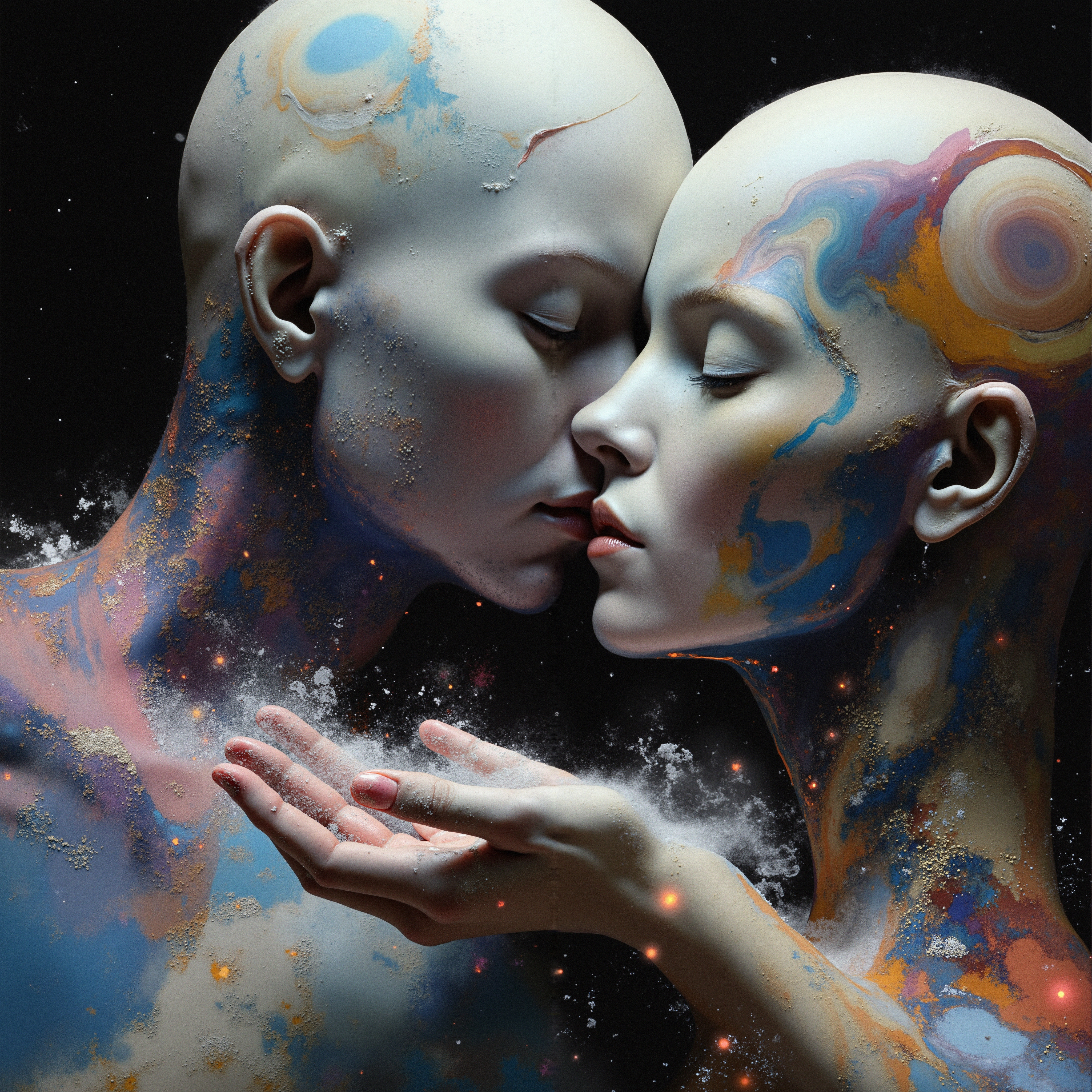 Surreal romantic cosmic beings holding stardust together under infinite starry skies