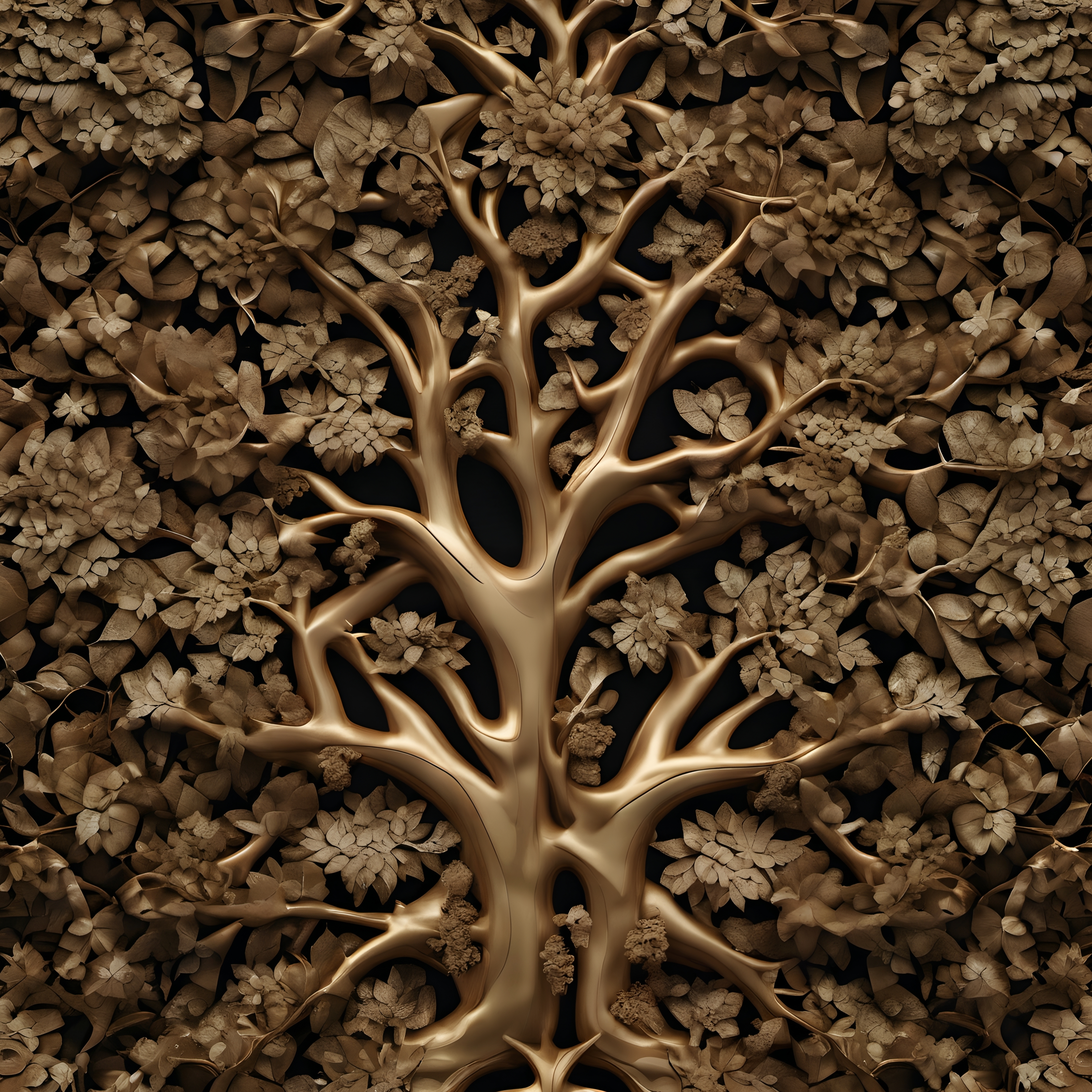 Intricate golden tree with surrounding brown foliage.