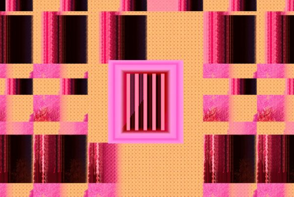 Vibrant pink and orange geometric digital art with glitch effects and central barred window motif