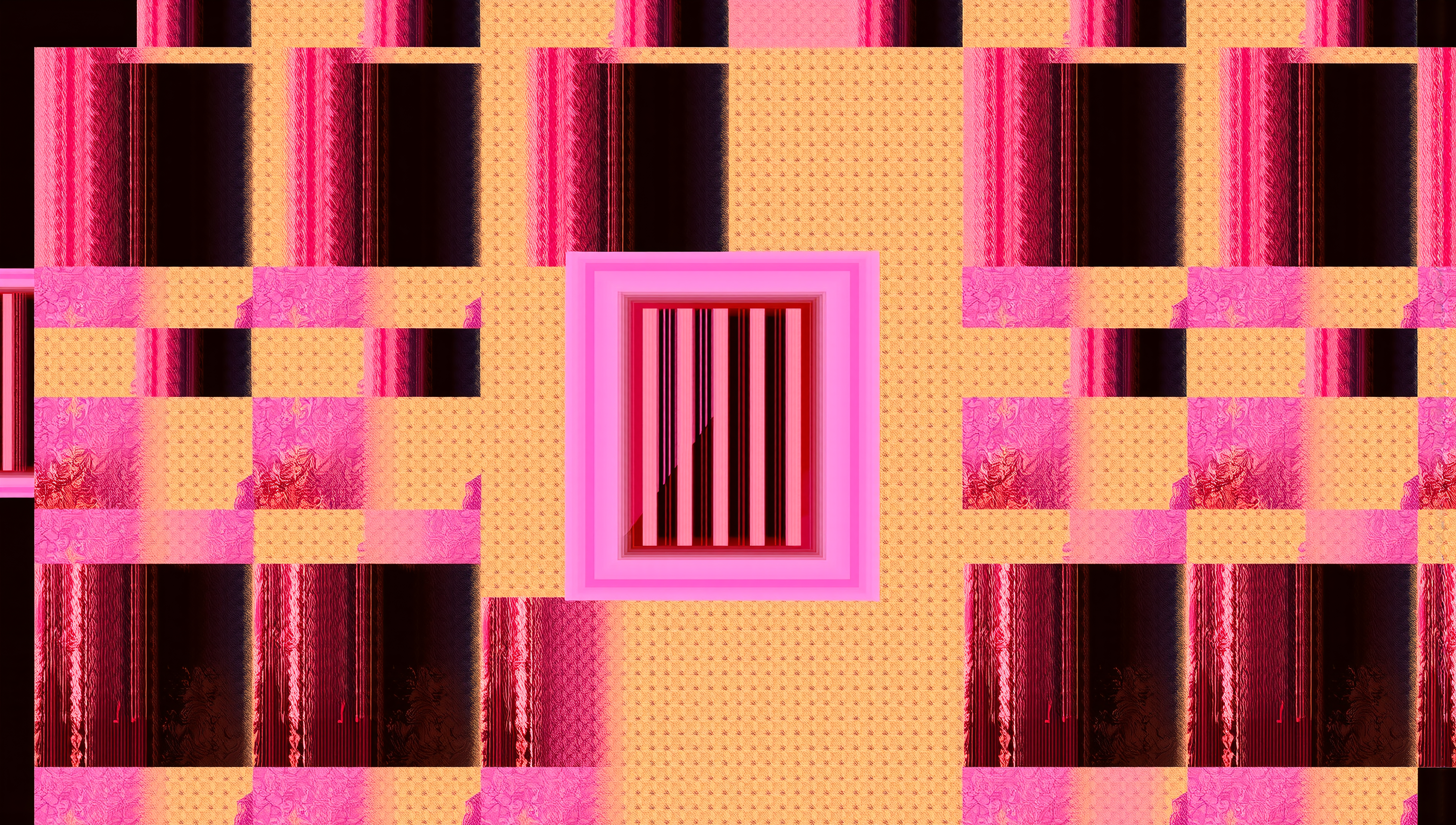 Vibrant pink and orange geometric digital art with glitch effects and central barred window motif
