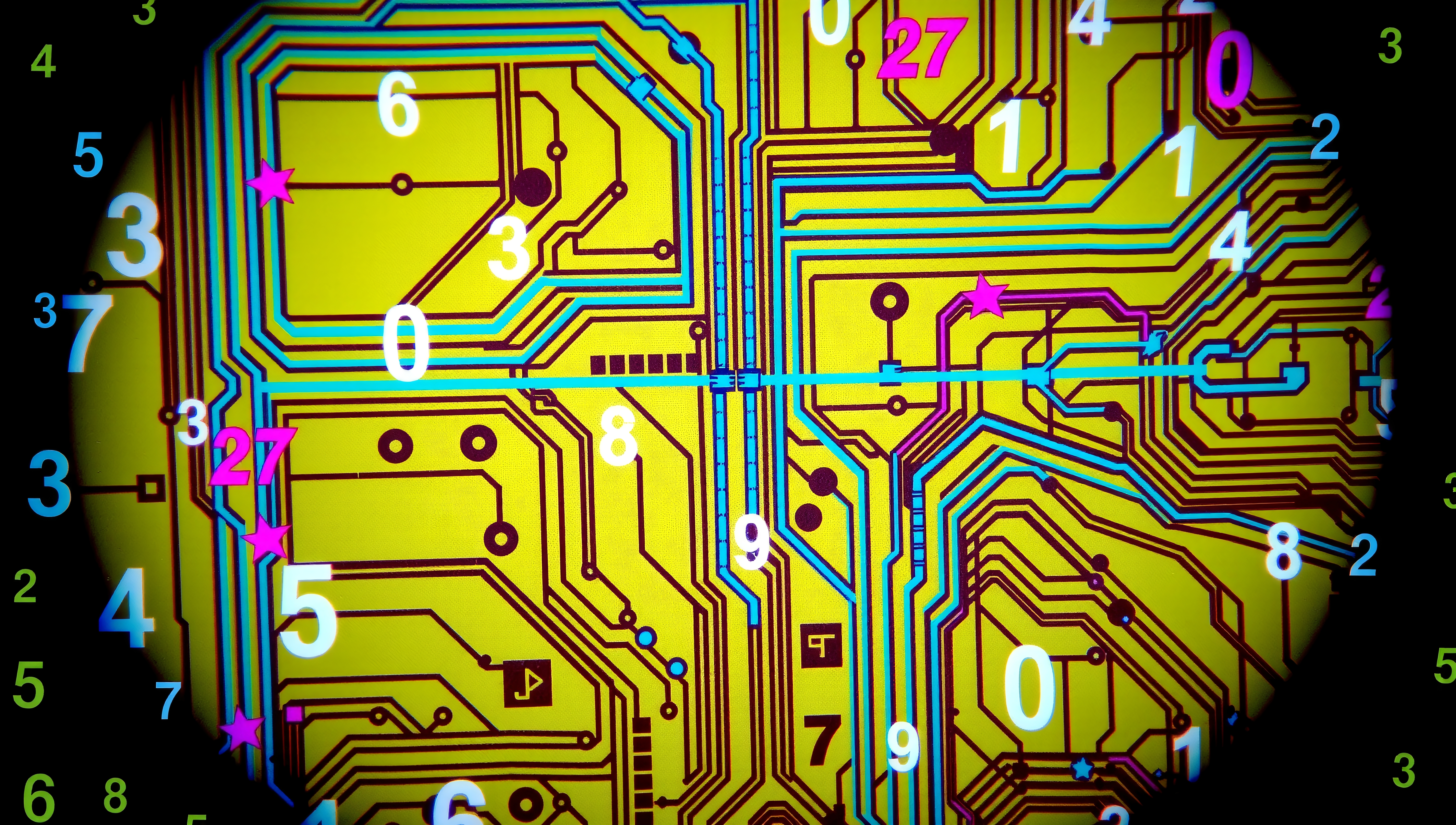 Abstract circuit board design with colorful pathways and numbers.