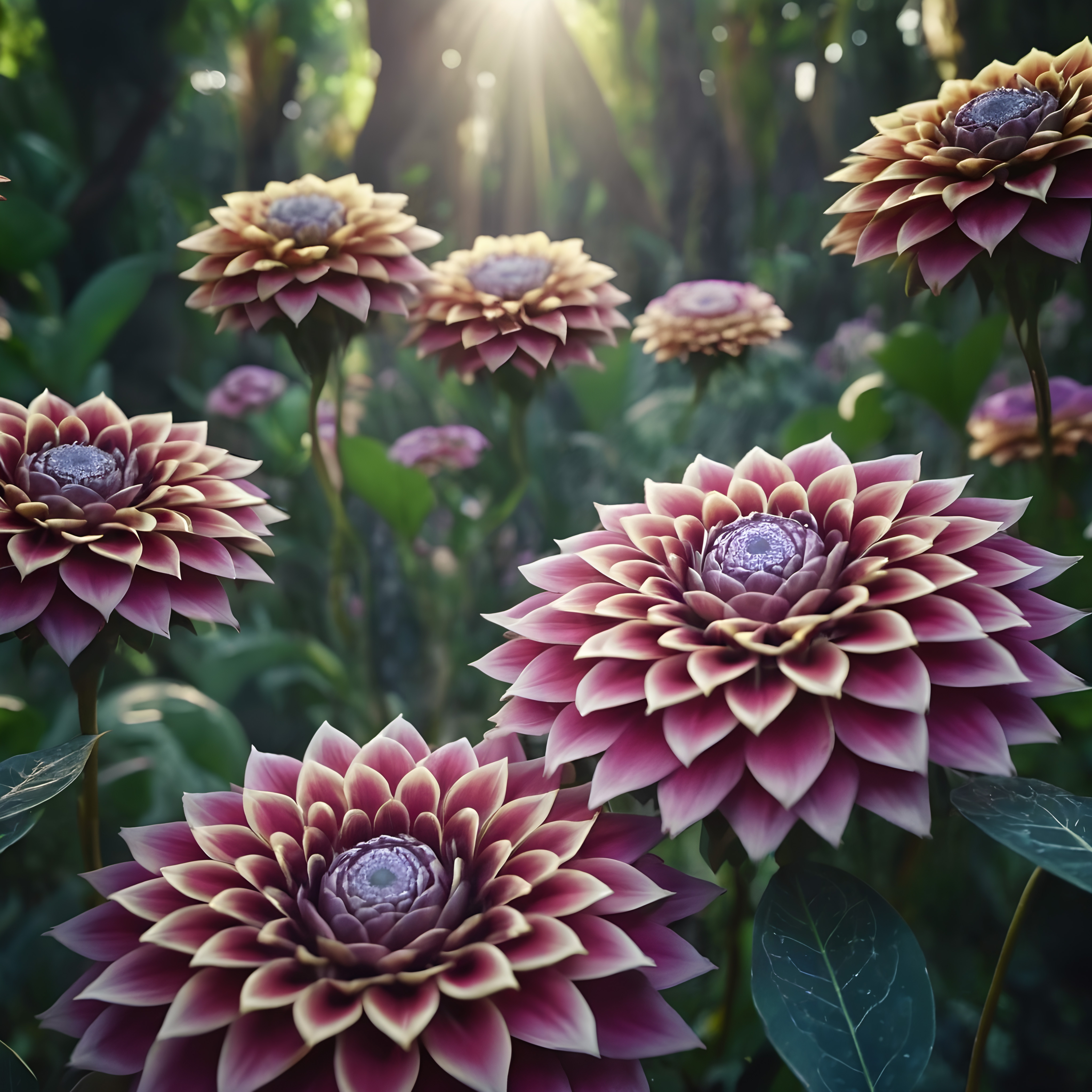 Vibrant pink and cream dahlia flowers in sunlit garden with lush green foliage
