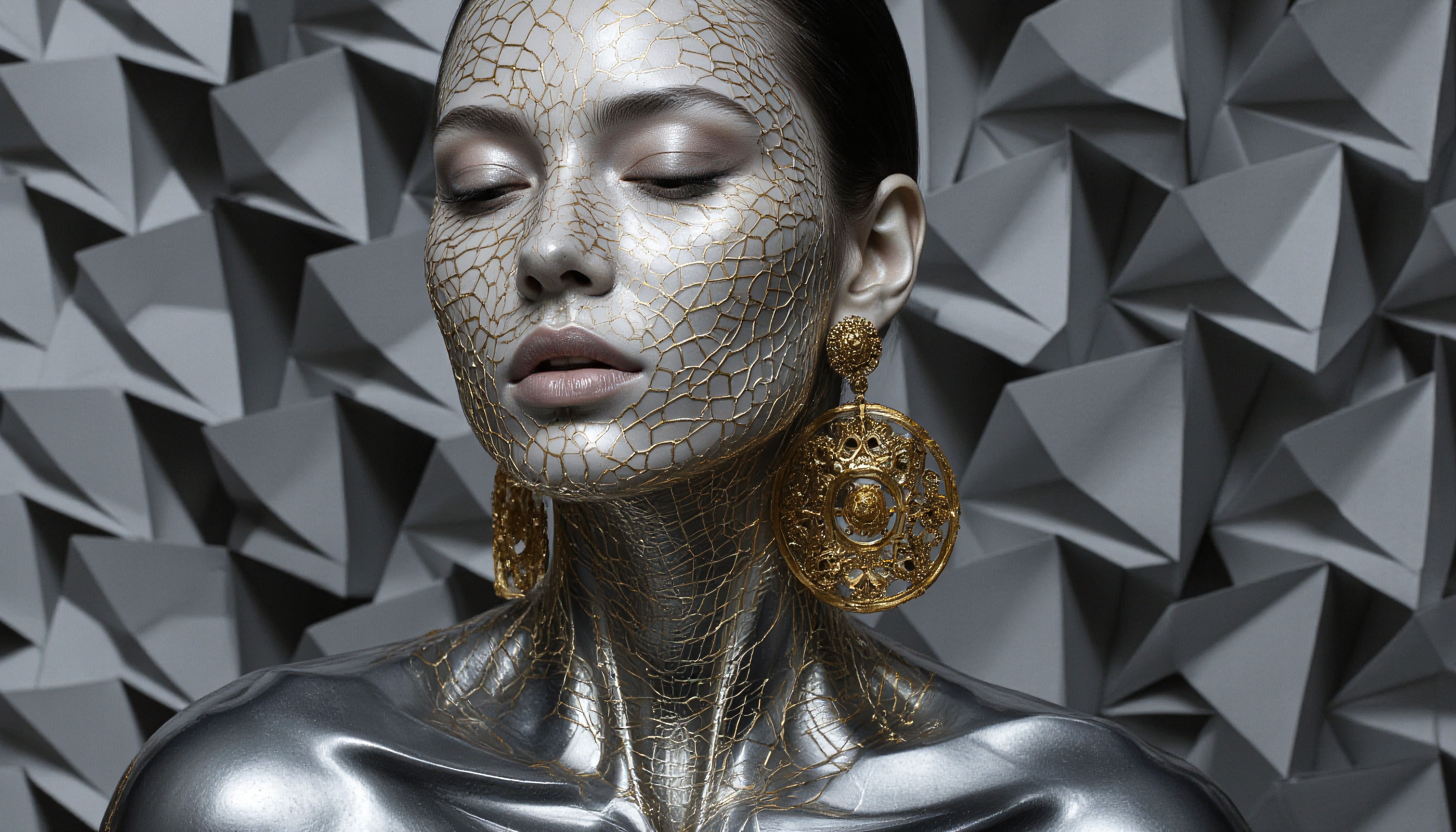 Futuristic portrait of woman with metallic and gold details.