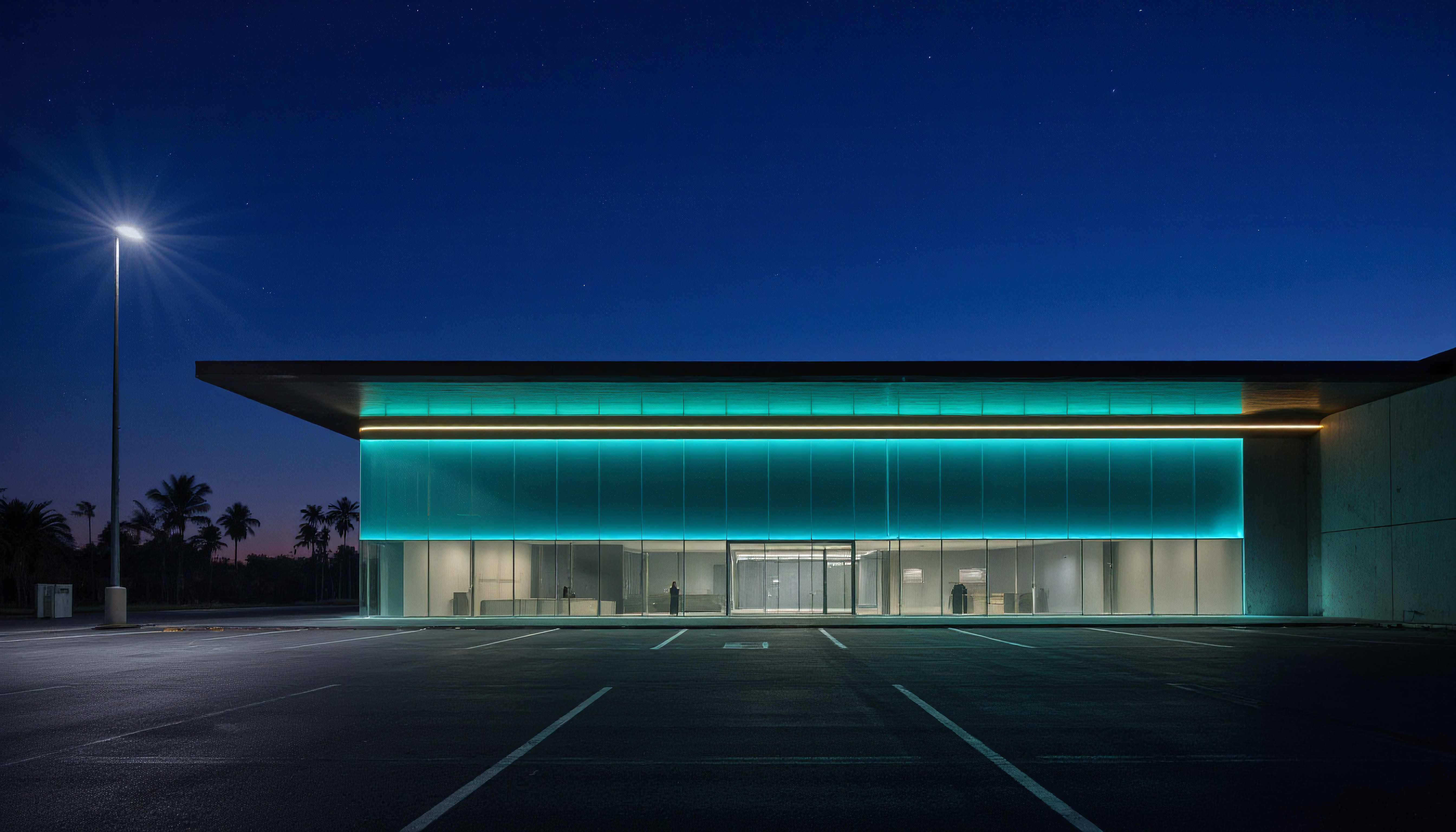 Modern glass building with teal lighting at night, empty parking lot, streetlight, and palm trees under starry sky