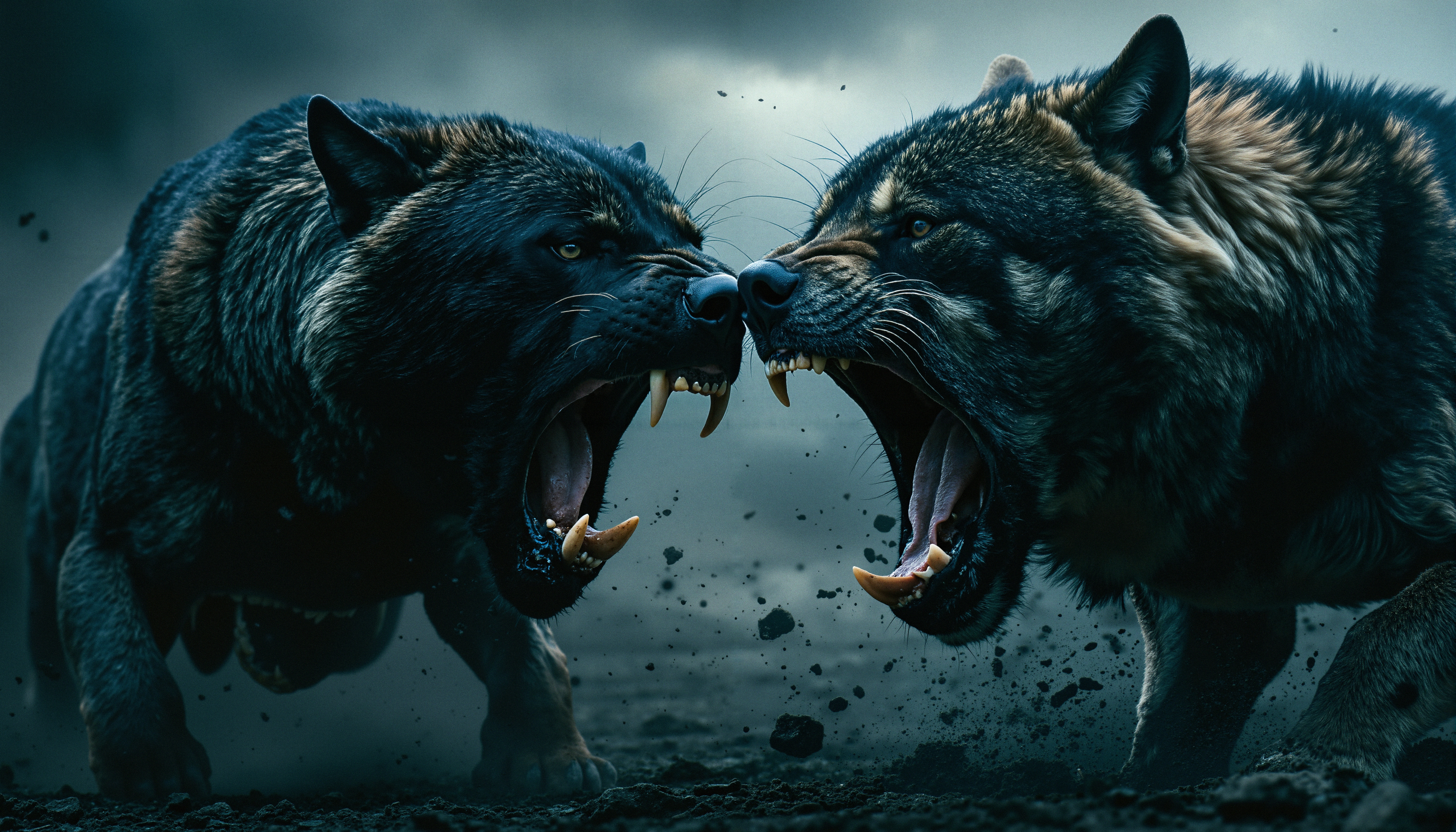 Two wolves fighting fiercely face-to-face in muddy terrain beneath stormy skies