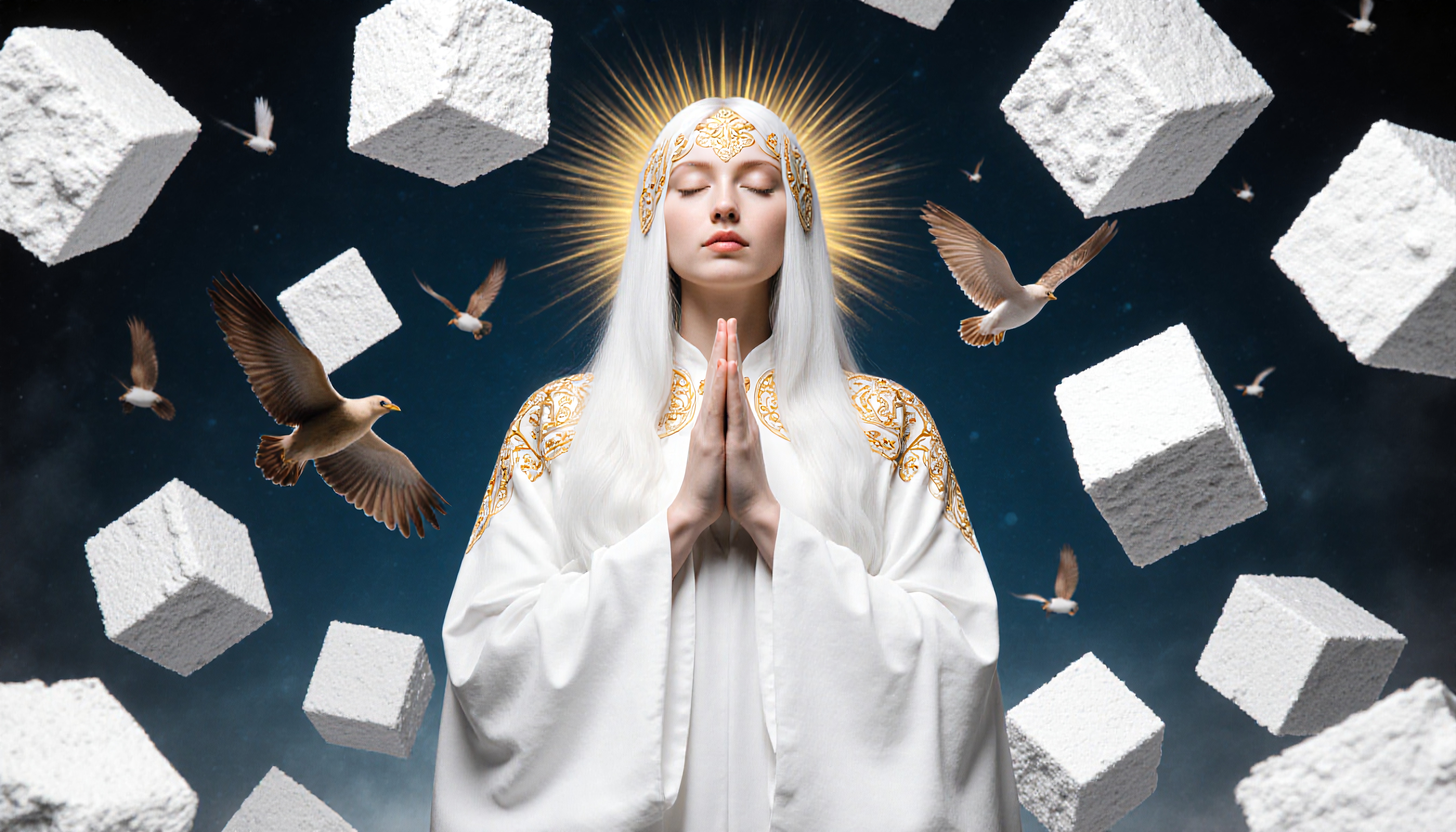 A serene woman in a white robe stands in a celestial scene, surrounded by floating cubes and birds against a dark sky.