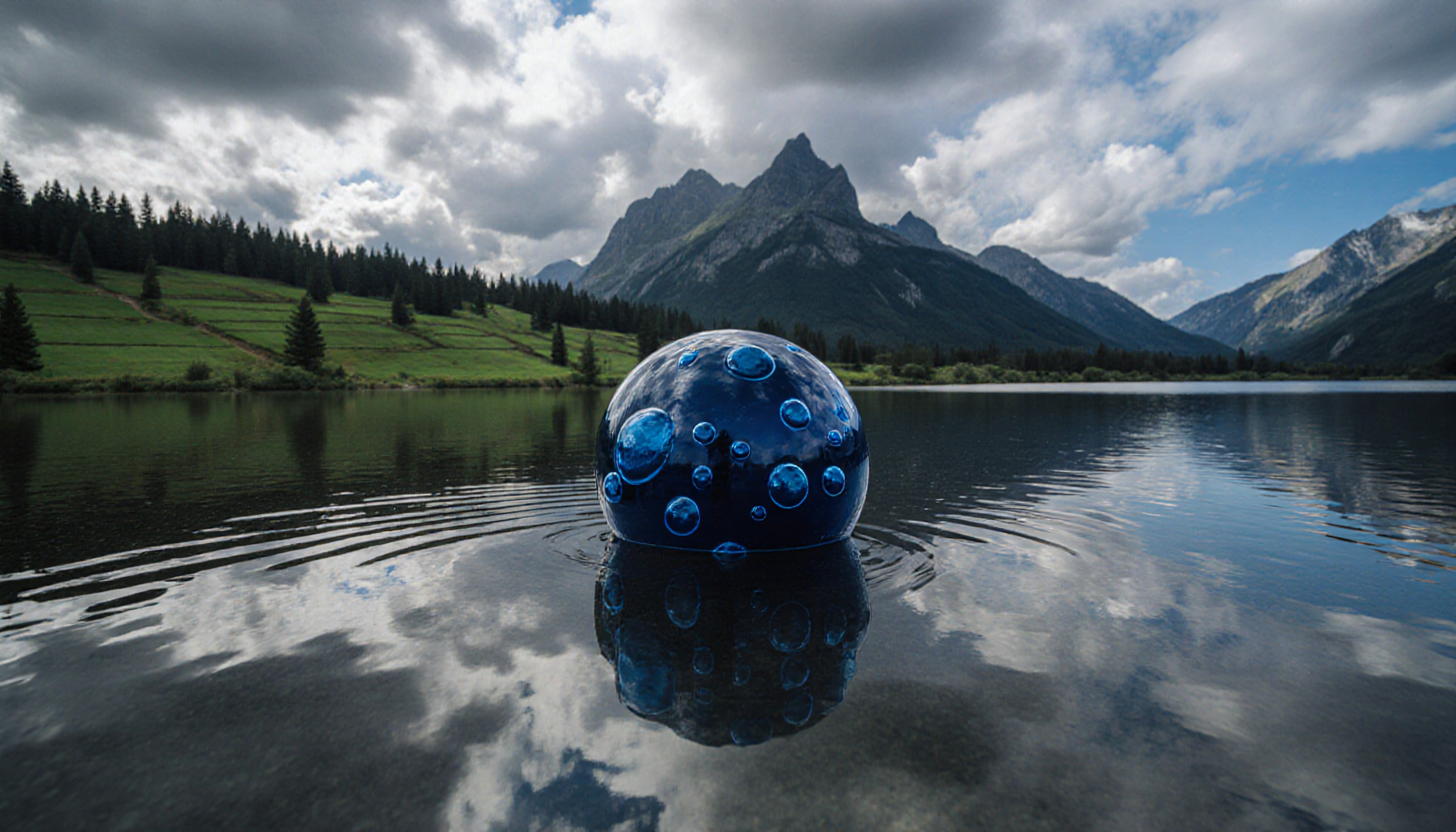 A glossy blue sphere with bubbles floating on a serene lake with mountains and clouds.
