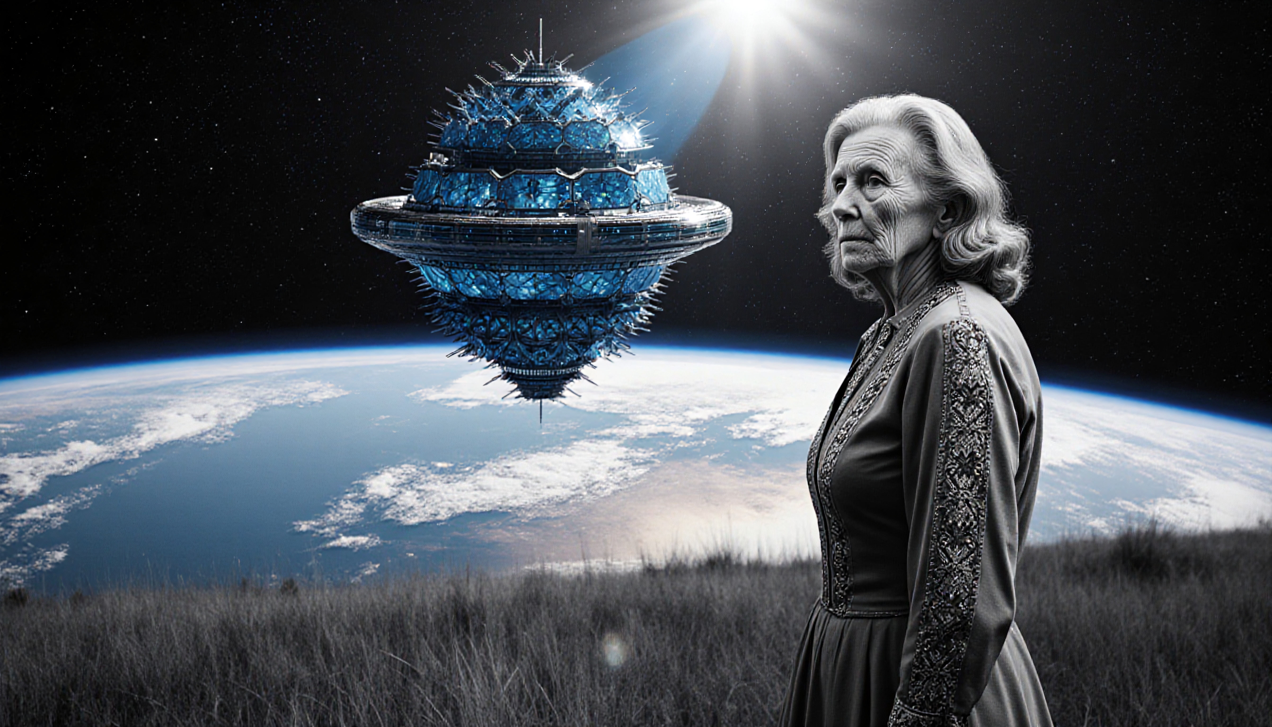 Elderly Woman and Spaceship Encounter