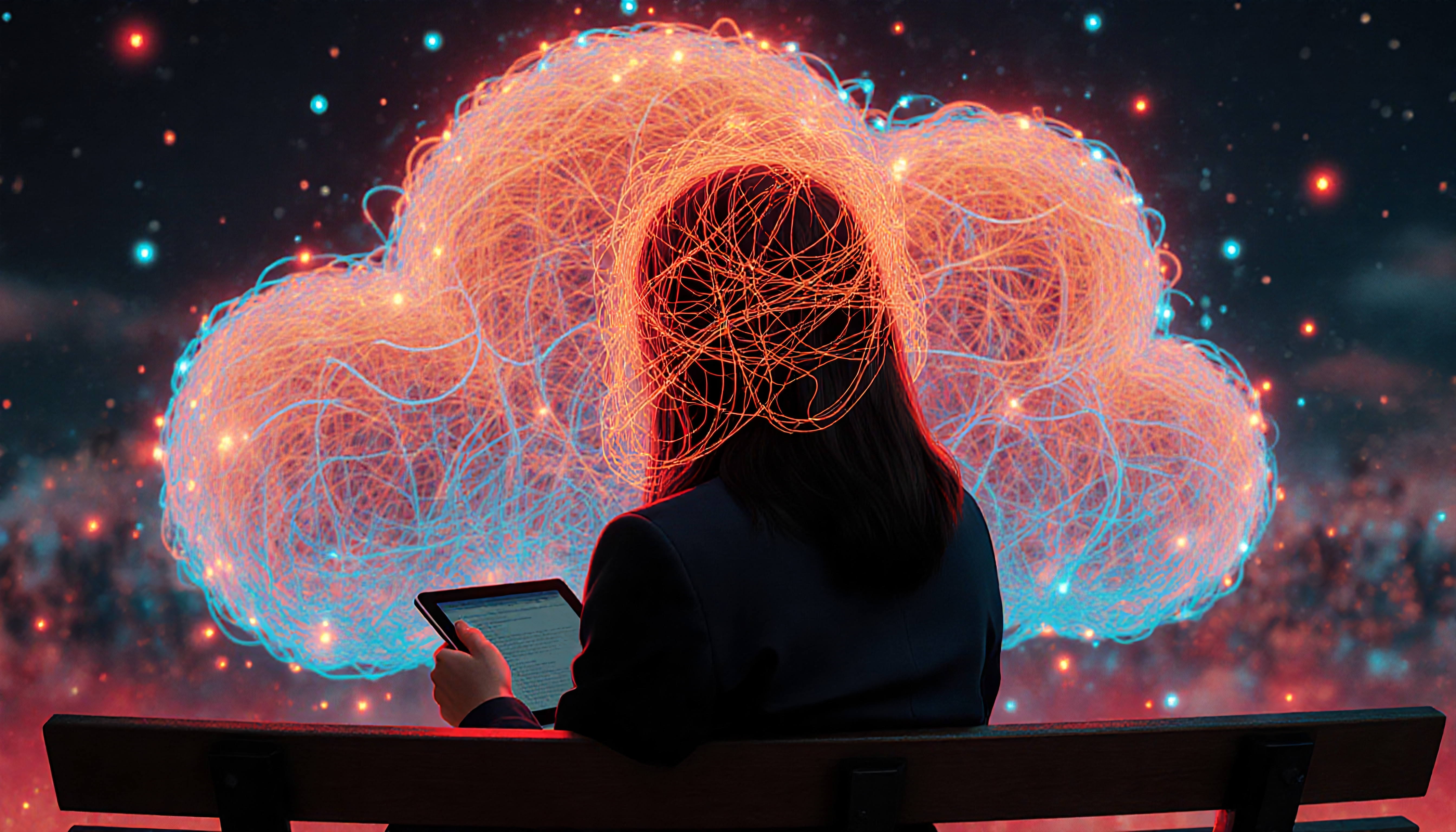 Person reading tablet under digital neural cloud and starry sky.