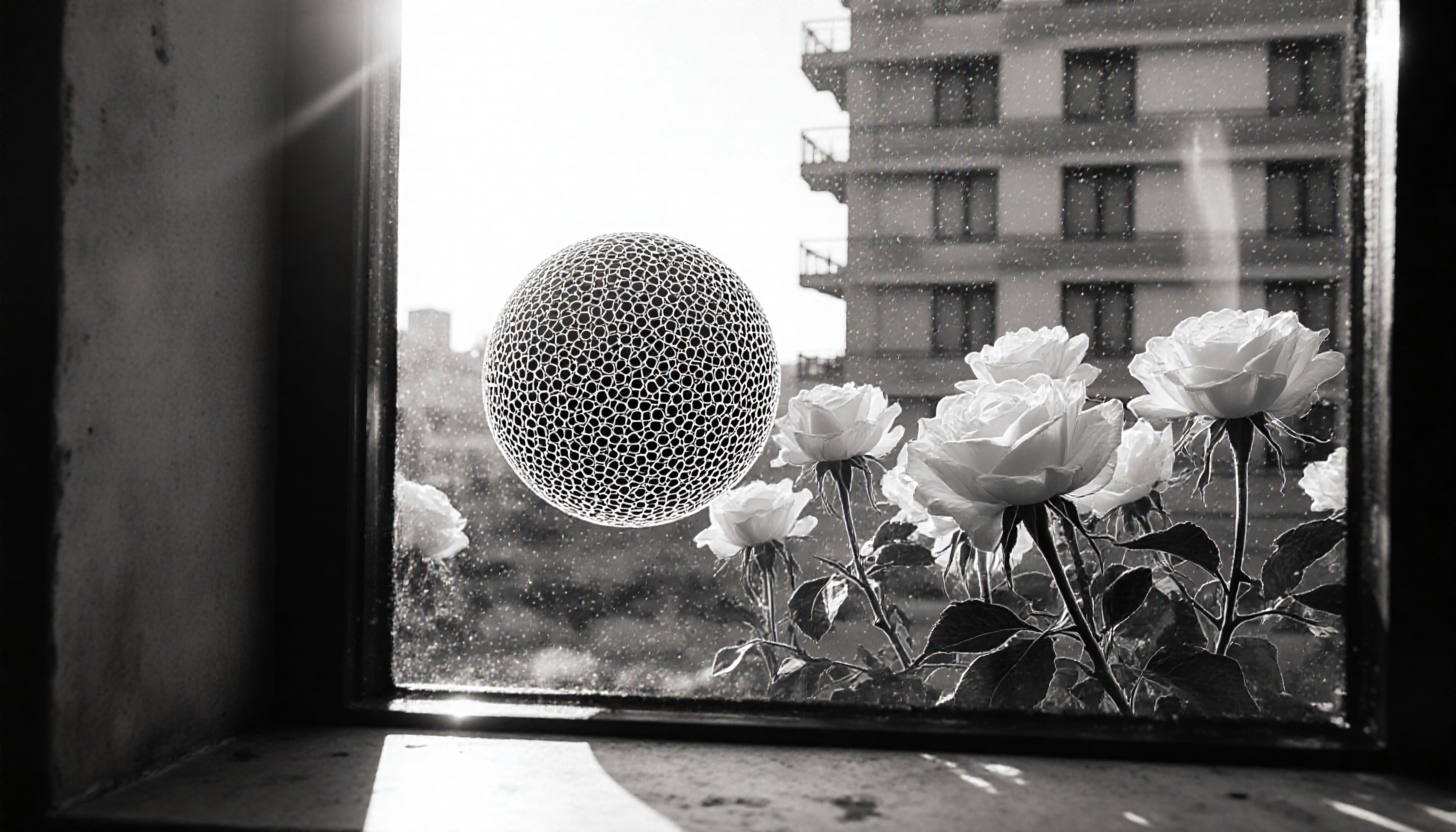 Monochrome scene of roses, intricate sphere, and urban backdrop through window.