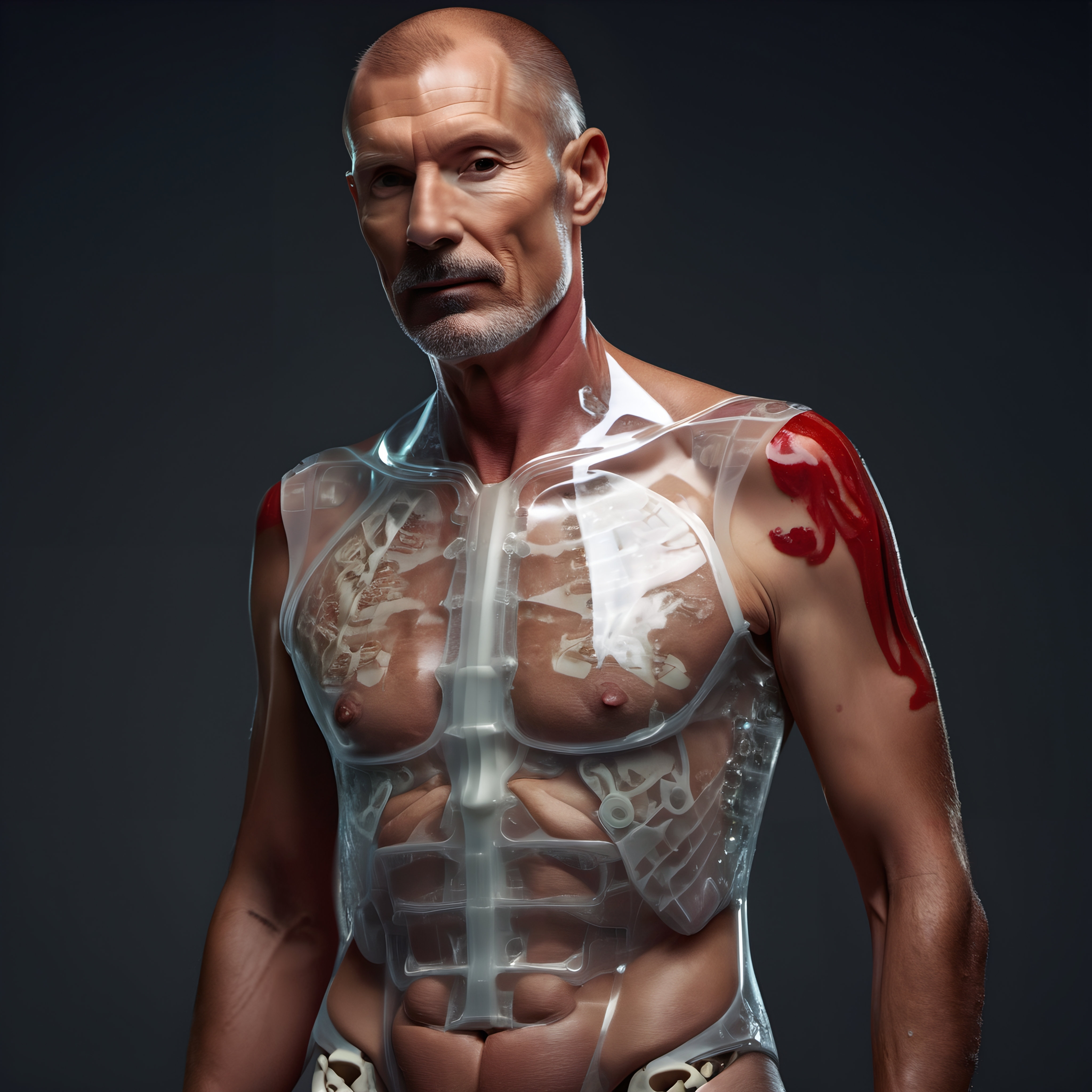 Image of a man wearing a detailed transparent anatomical suit, displaying human internal organs against a dark background.