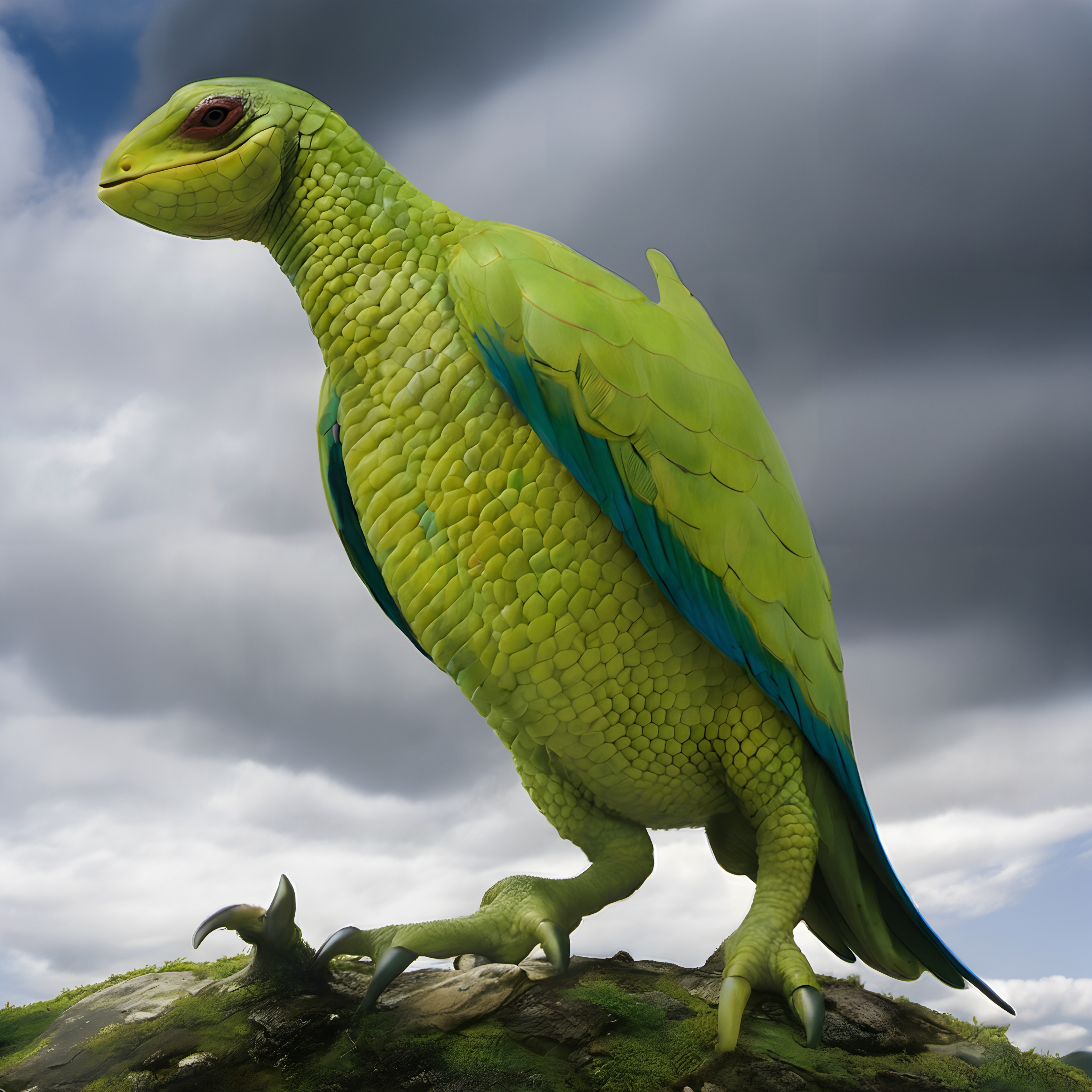 A vibrant green-scaled creature with bird-reptile features stands on a mossy rock beneath a dramatic cloudy sky.