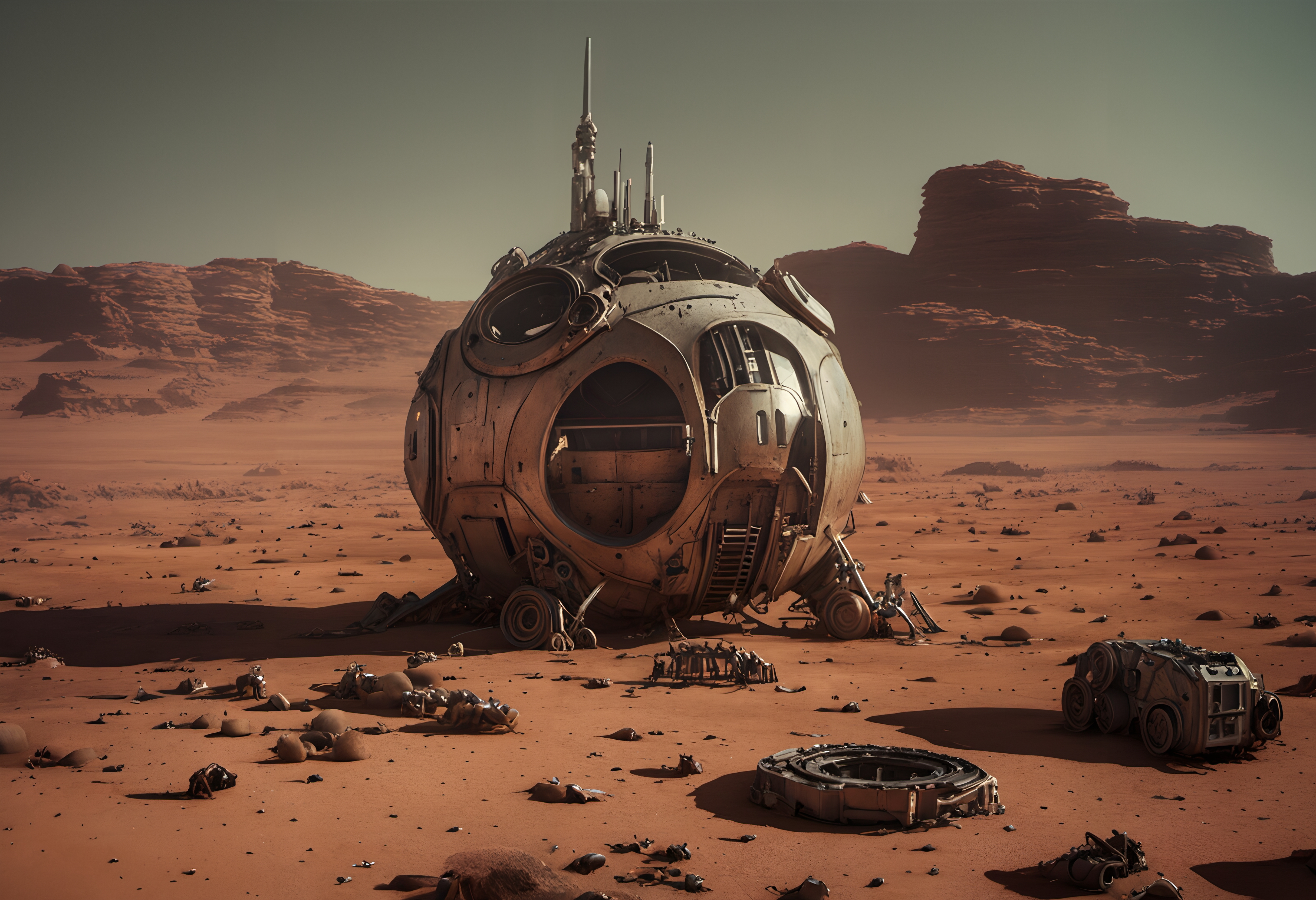 Abandoned futuristic spaceship wreck on dusty Martian surface with ruined robots and rocky landscape