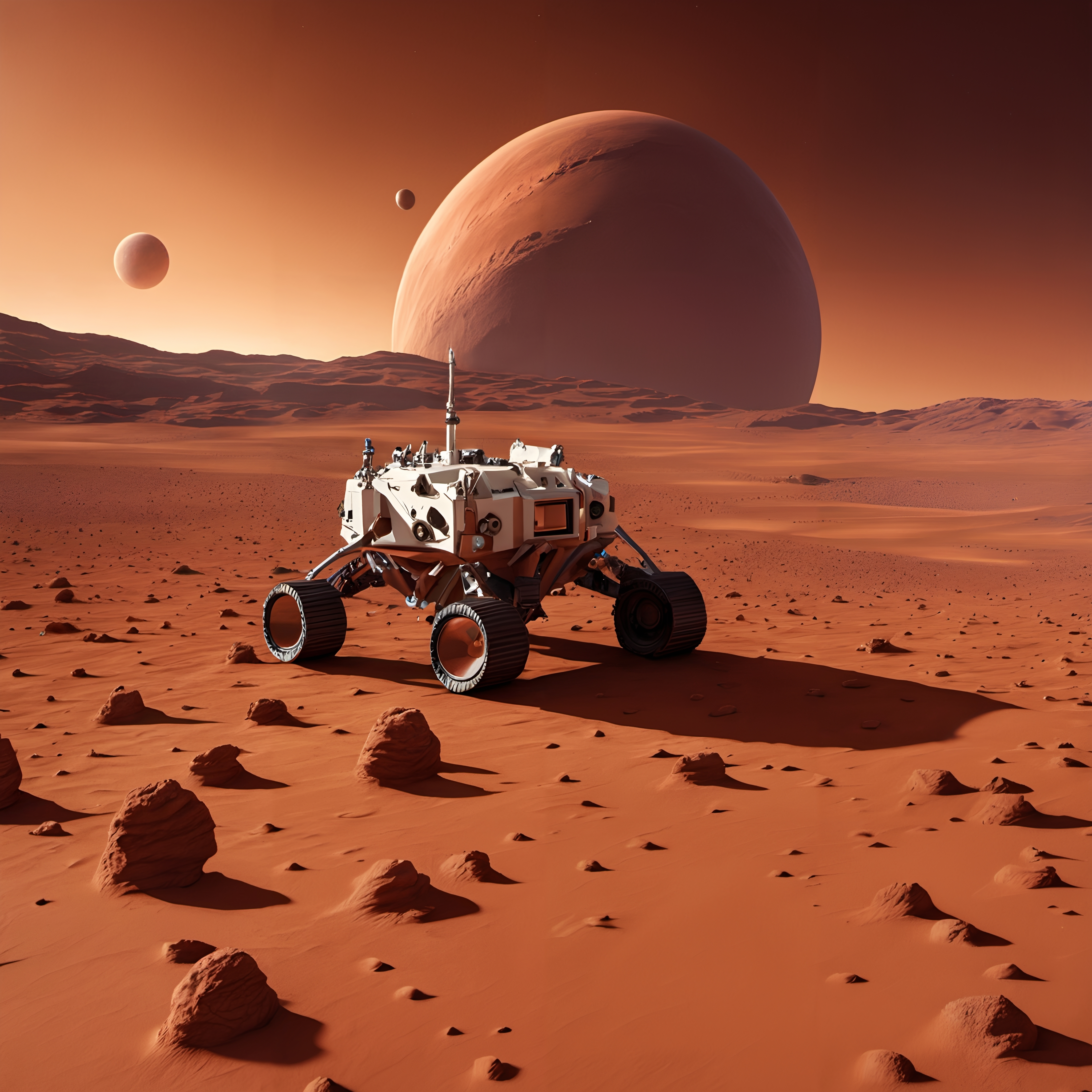 A Mars rover navigates rocky terrain under an orange sky with distant planets in the background.