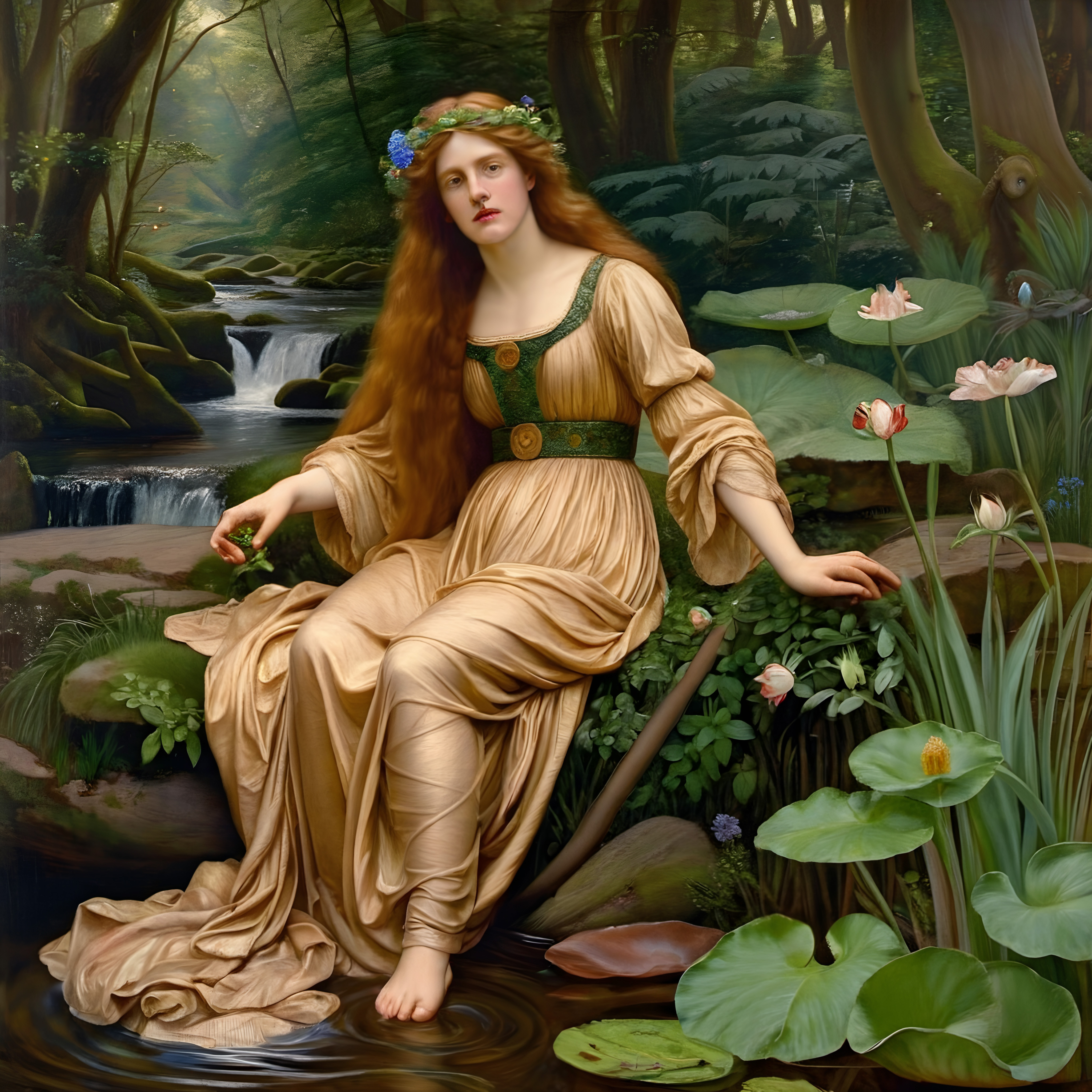 Woman sitting peacefully by forest stream wearing golden gown amidst blooming flora under dappled sunlight
