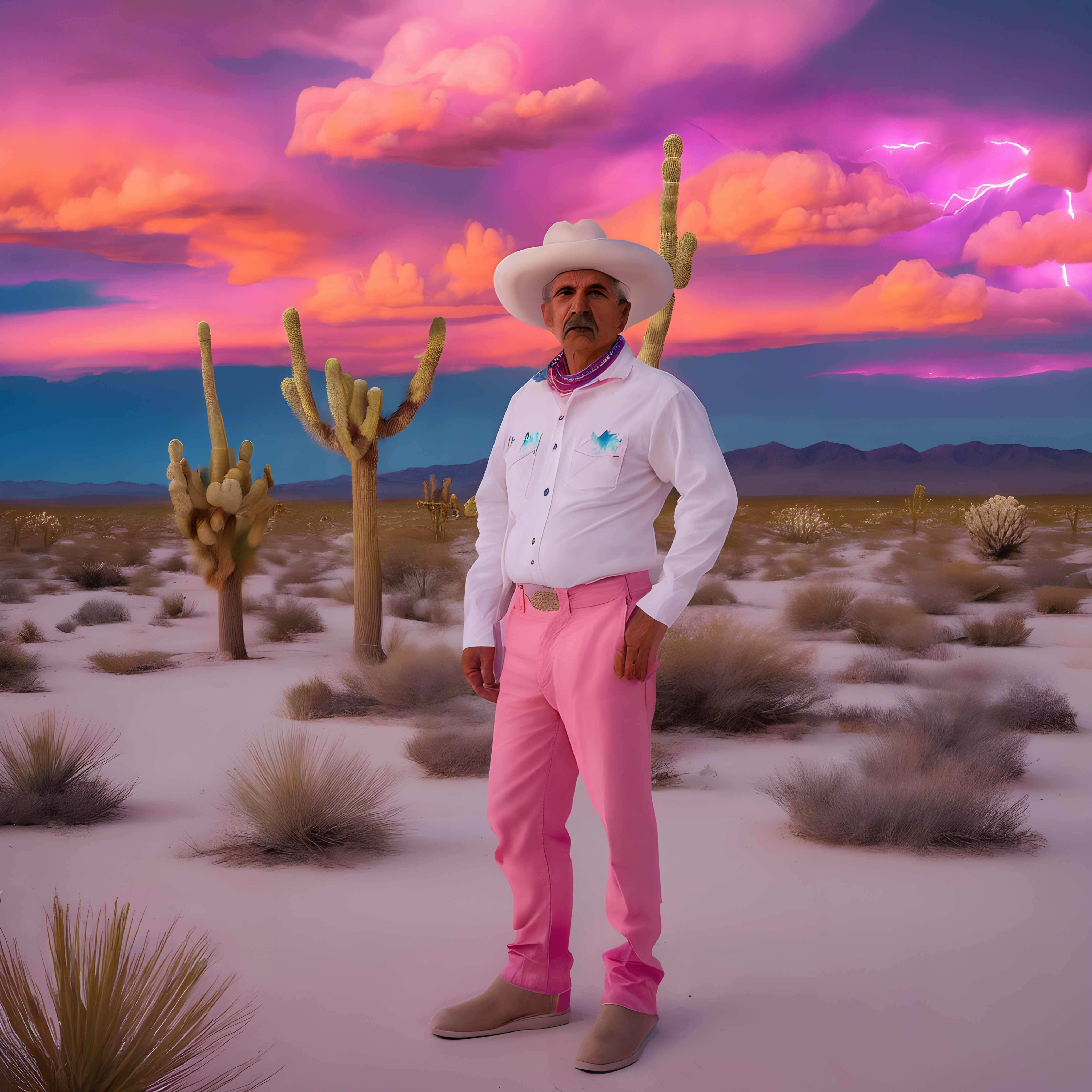 Elderly cowboy poses confidently in bright pink attire amid surreal desert landscape during electrifying purple-orange twilight.