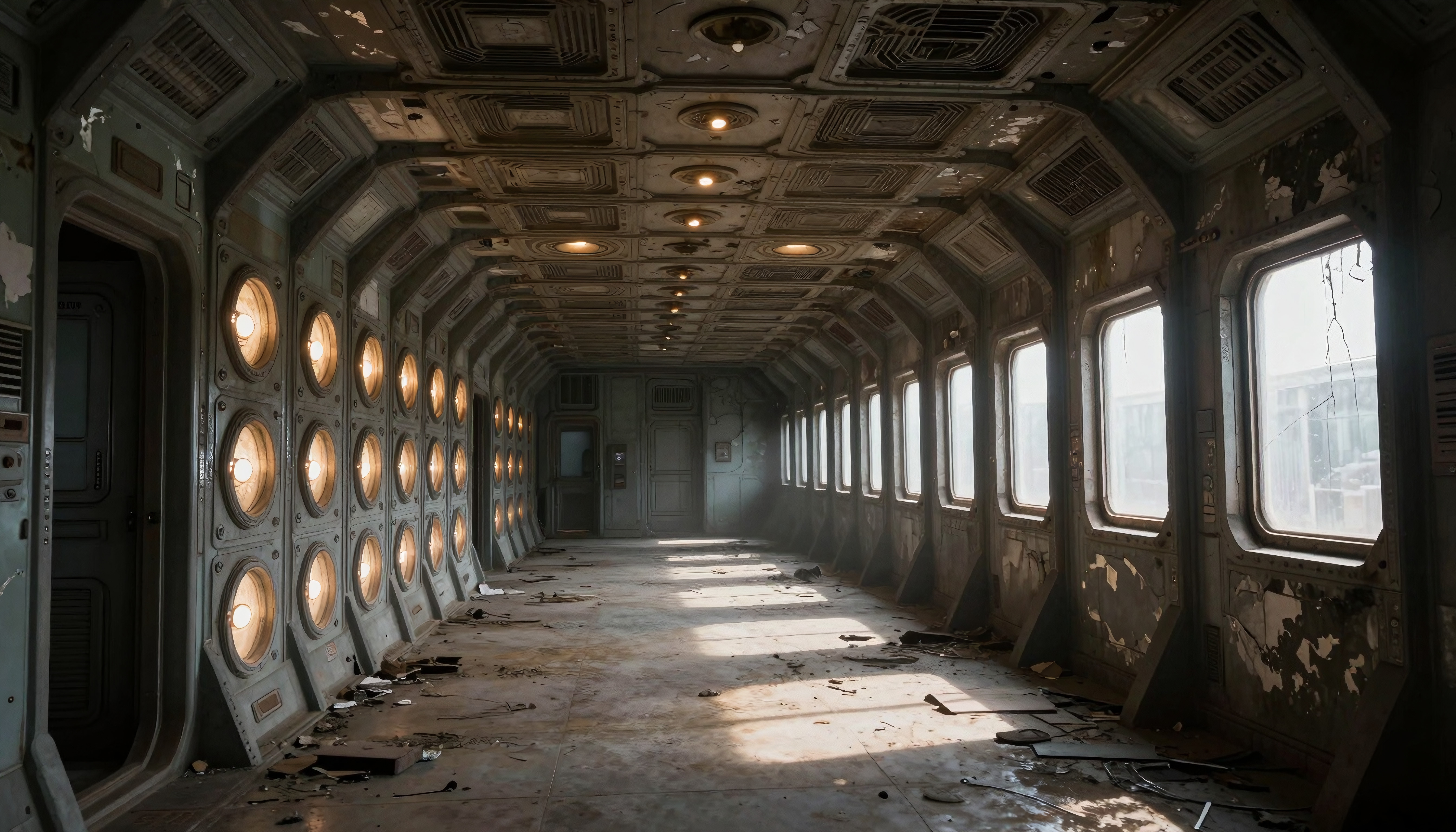 Futuristic abandoned spacecraft corridor interior.