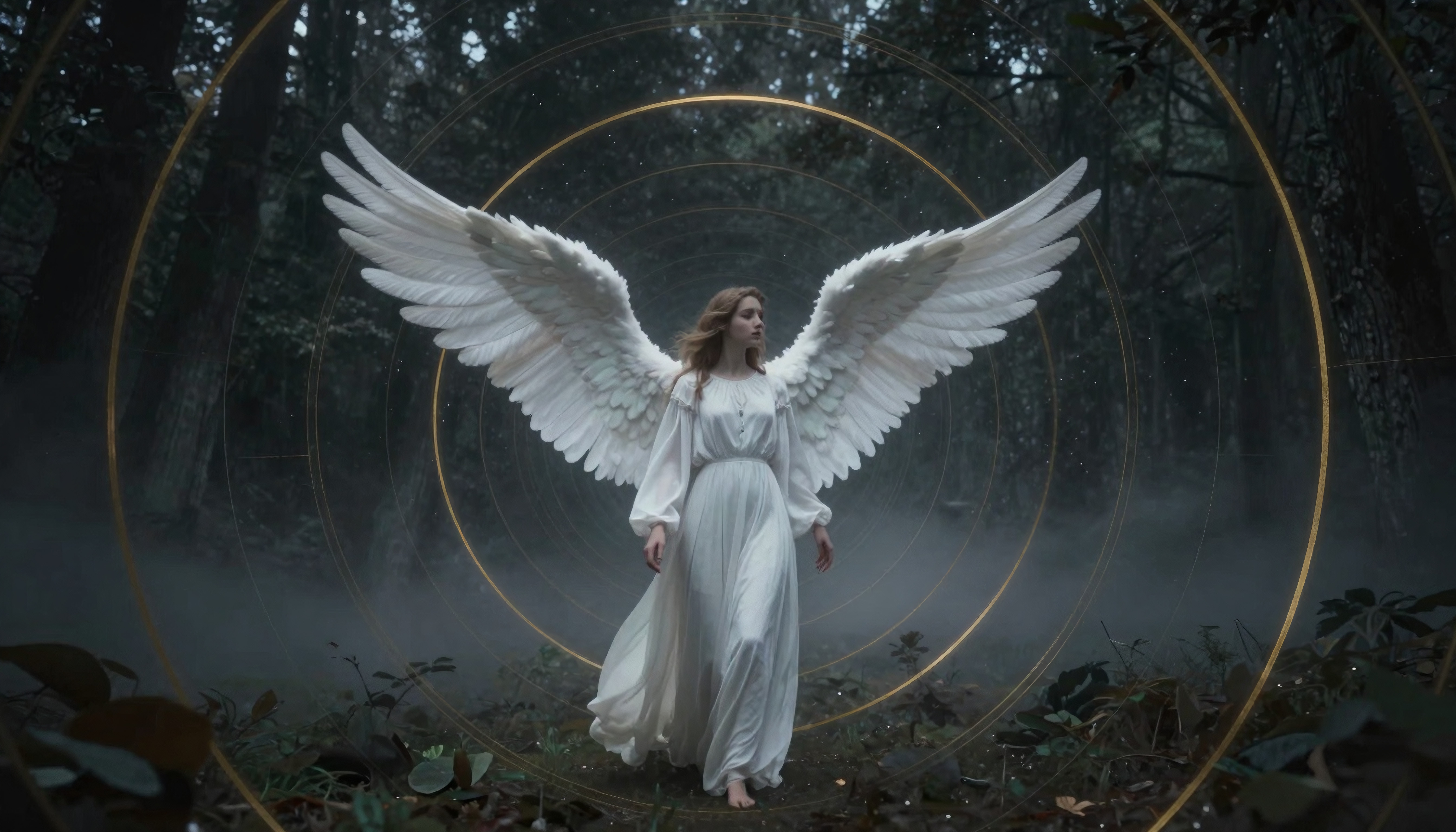 A majestic angel with white wings in a mystical forest setting, surrounded by mist and golden circles.
