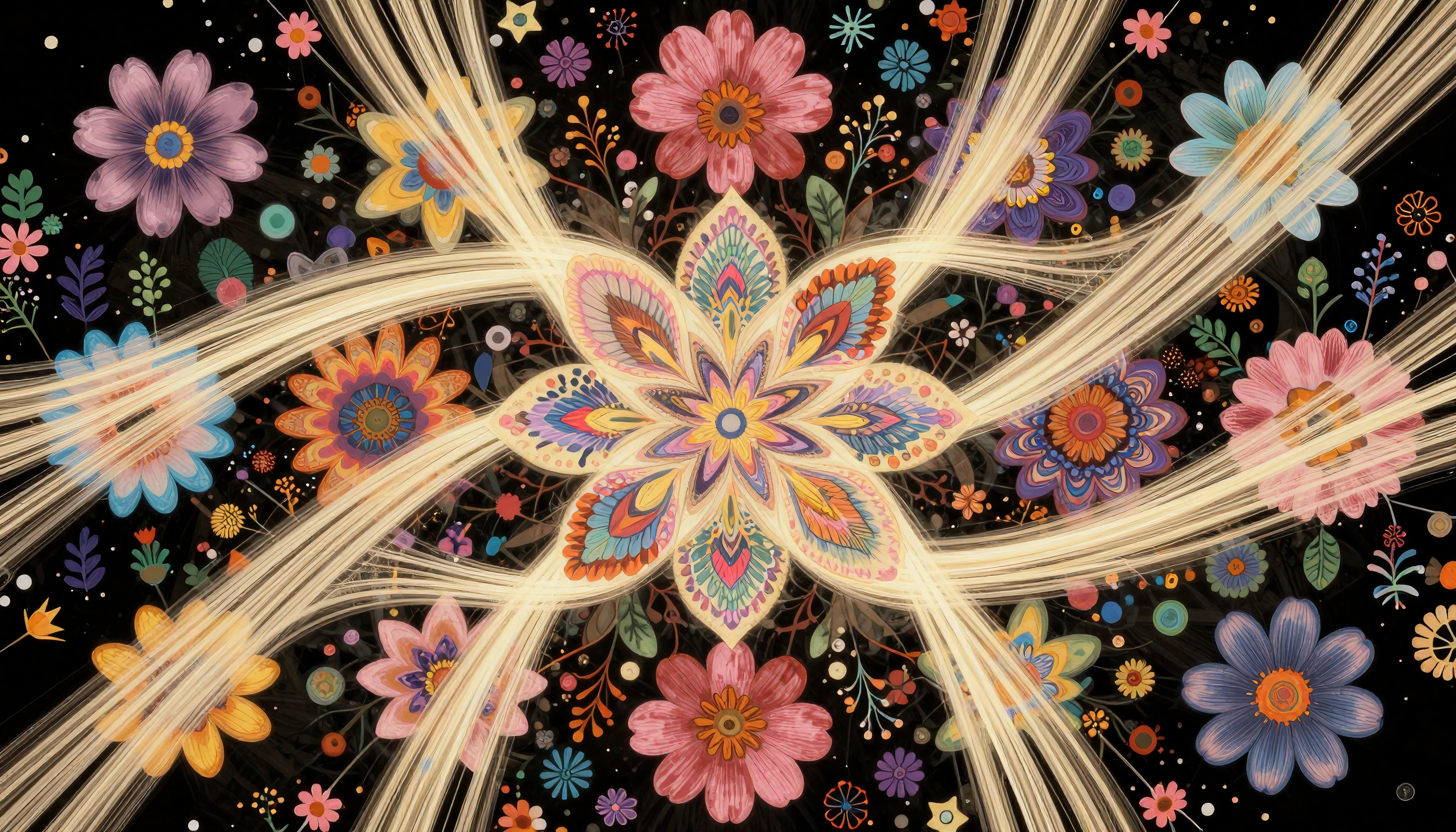 Vibrant floral mandala with golden threads on black background.