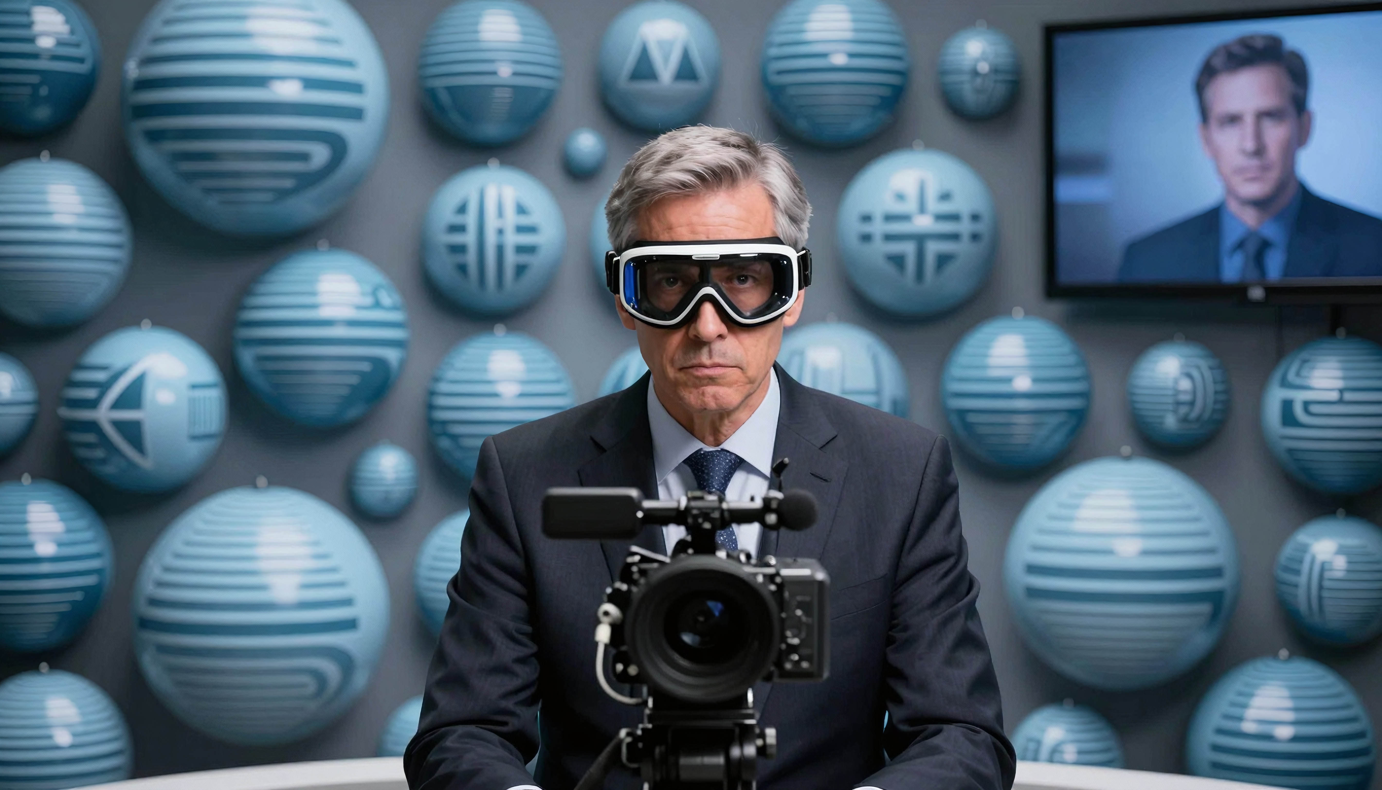 A man in a suit wearing futuristic goggles in a technological setting with blue patterned spheres and a camera setup.