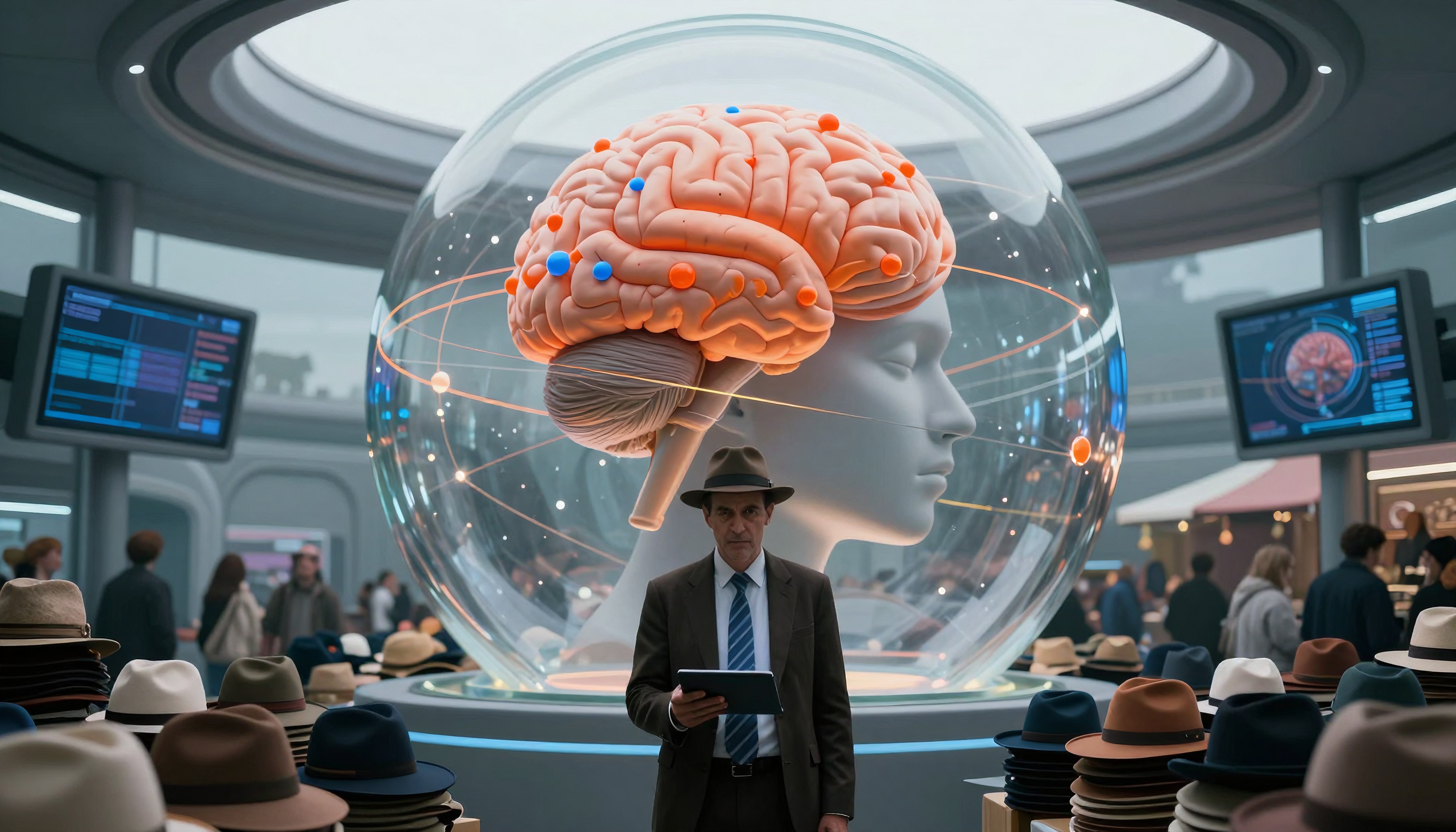 A futuristic exhibit featuring a brain model under a dome surrounded by hats and visitors.