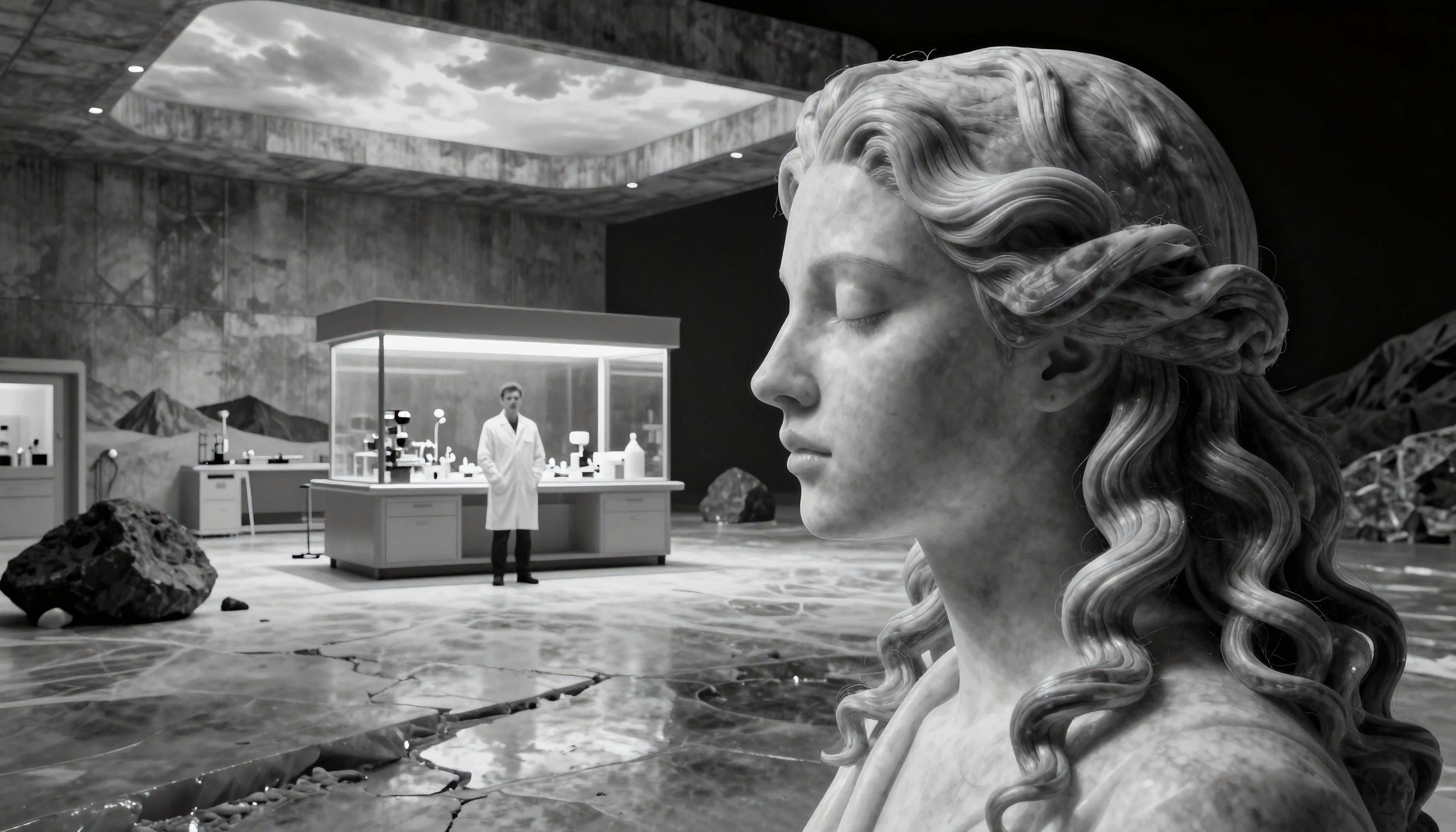 A marble statue with a serene expression stands in a futuristic laboratory setting with a scientist in the background.