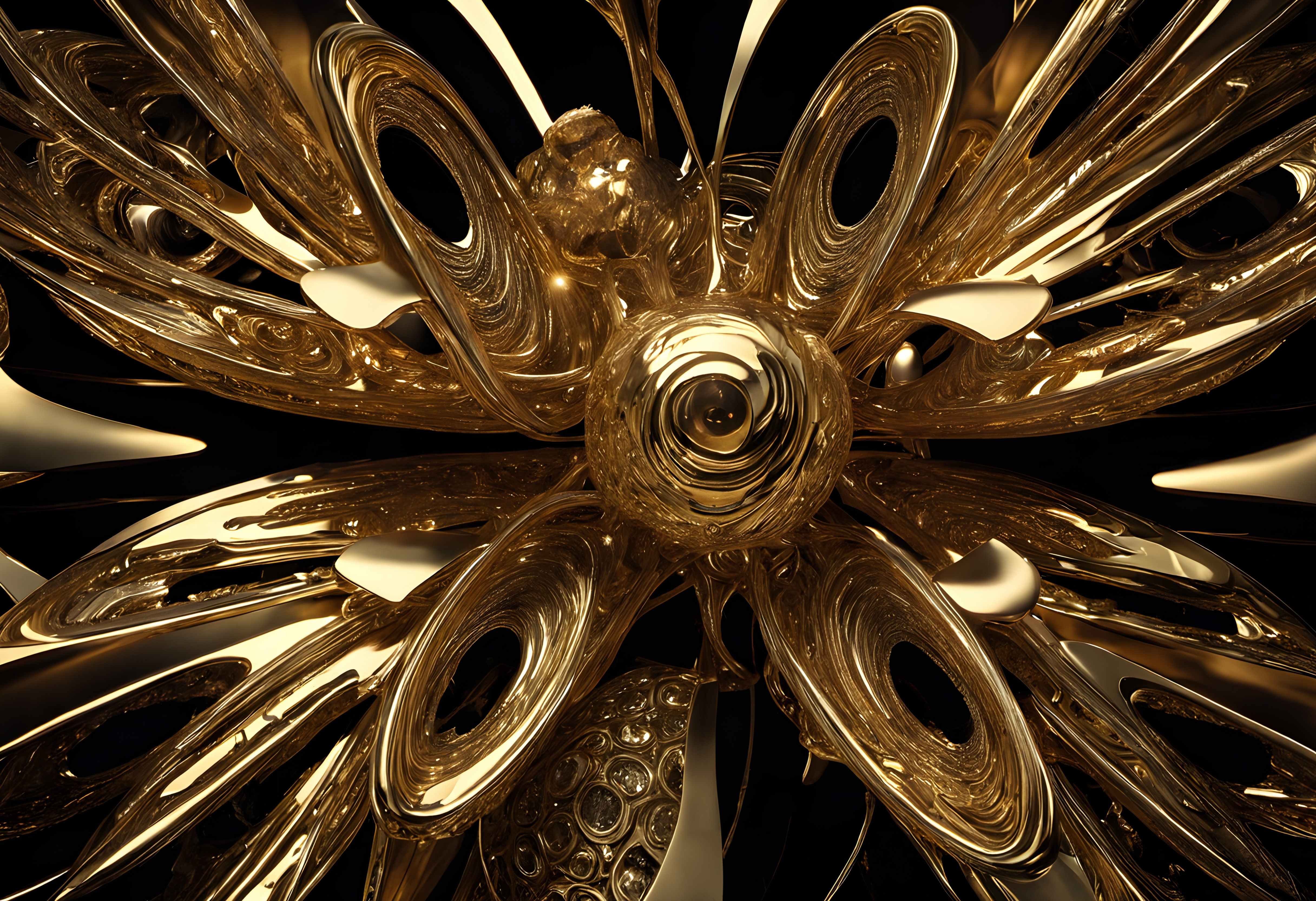 A detailed golden abstract design with swirling patterns on a dark background.