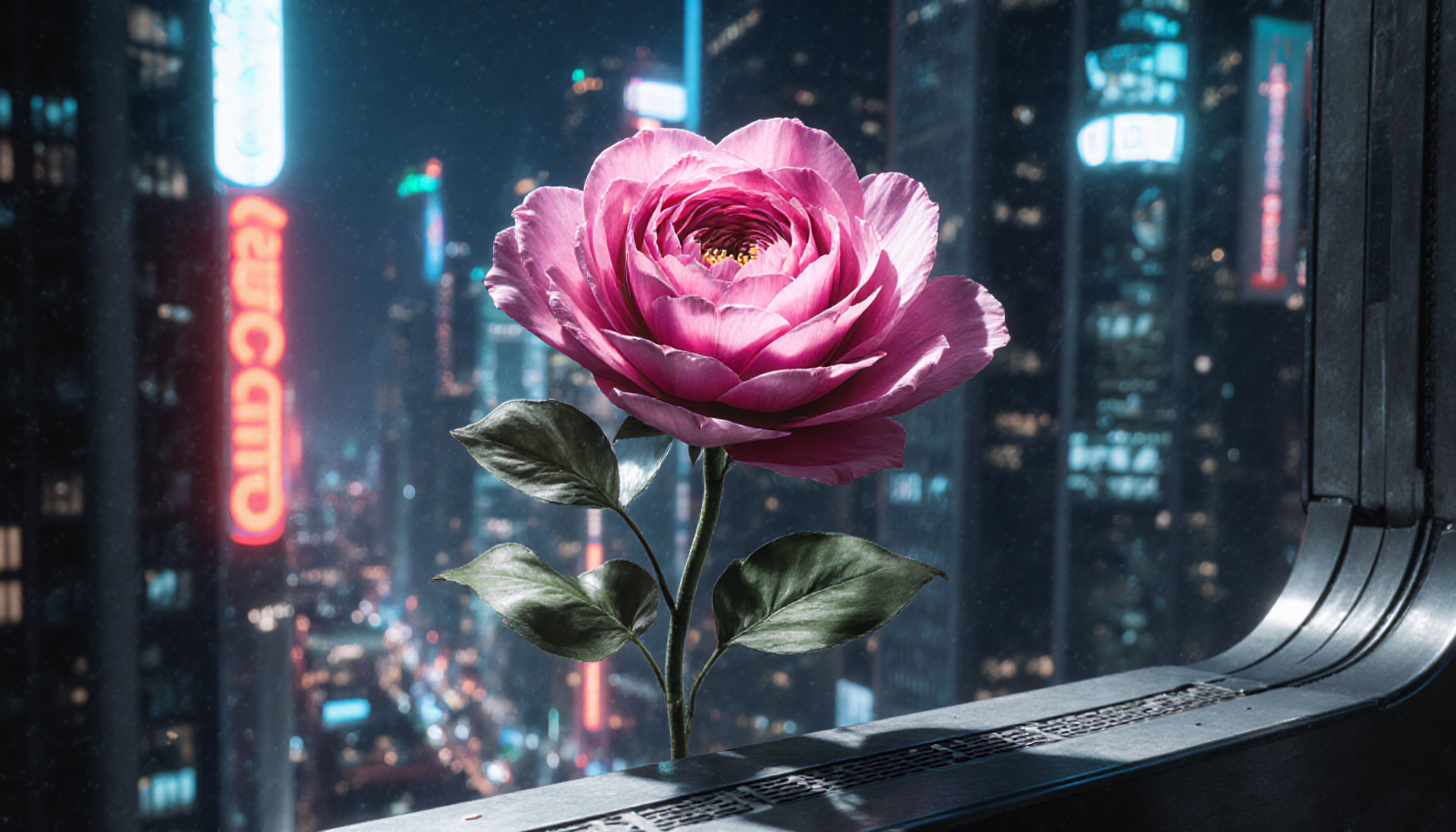 A vibrant pink peony amidst a neon-lit futuristic cityscape.