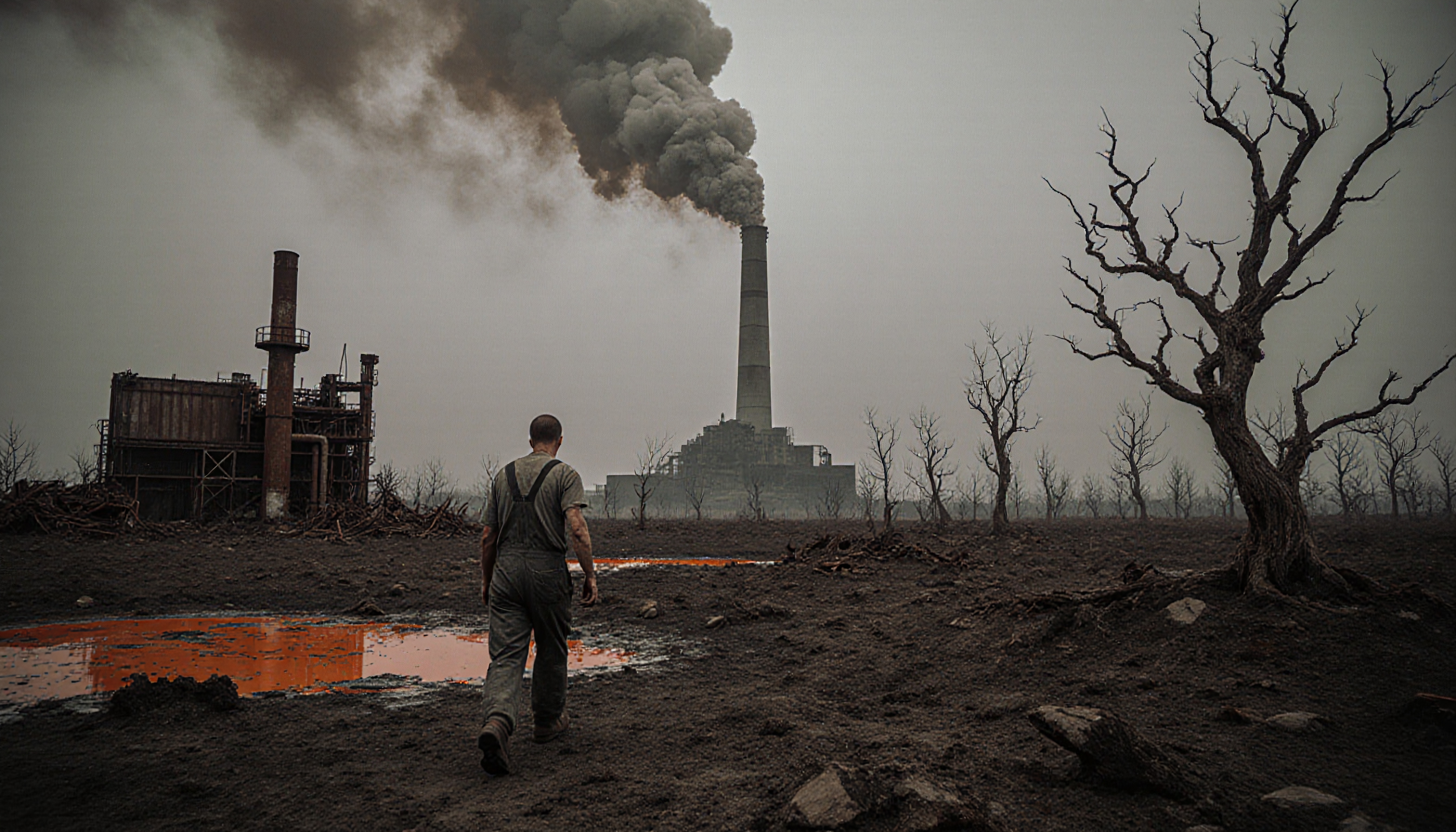 Desolate landscape with pollution and industrial smoke.