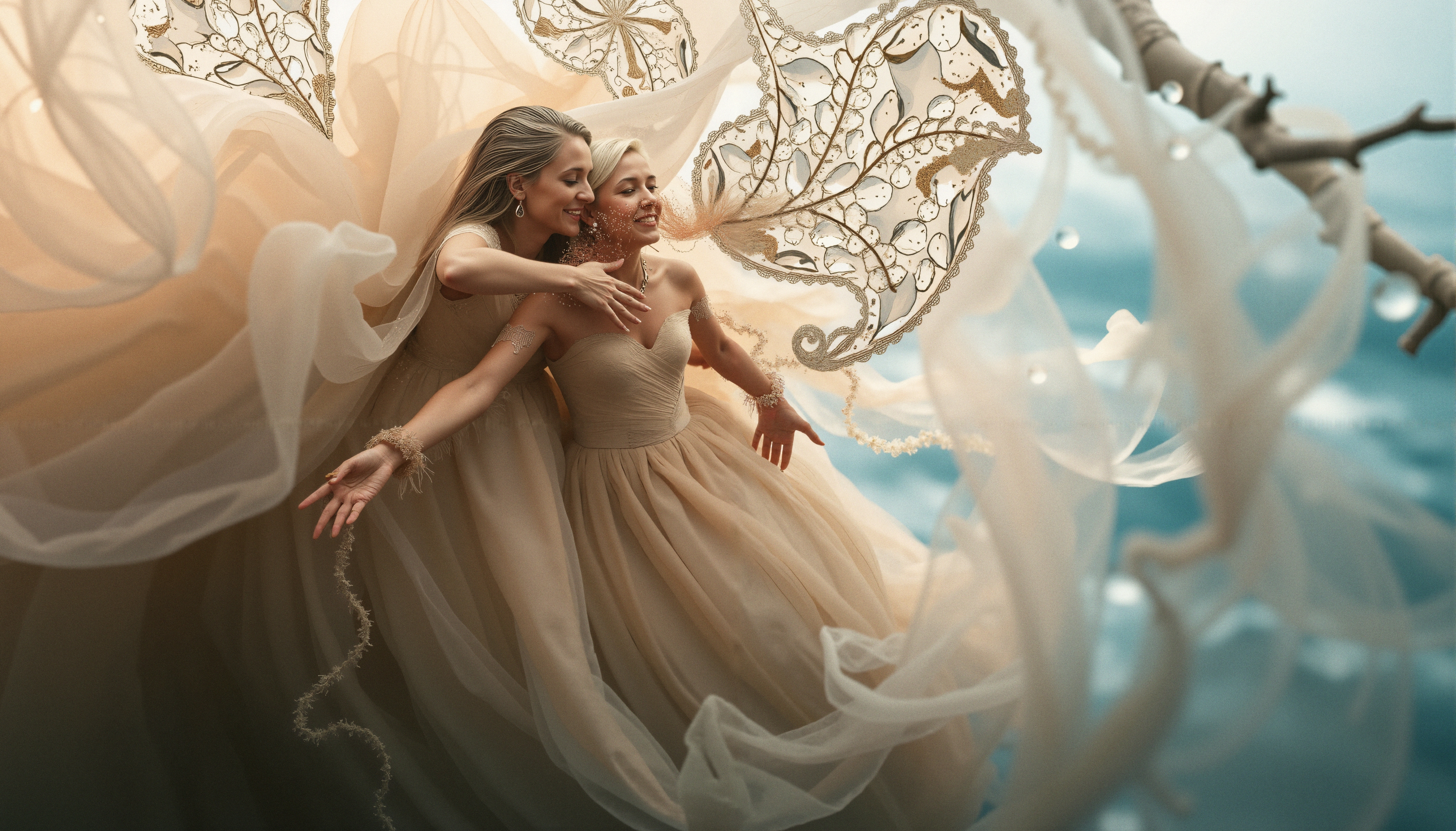 Two women in flowing beige gowns with intricate lace detail dance gracefully, creating an ethereal and elegant scene against a serene blue backdrop.