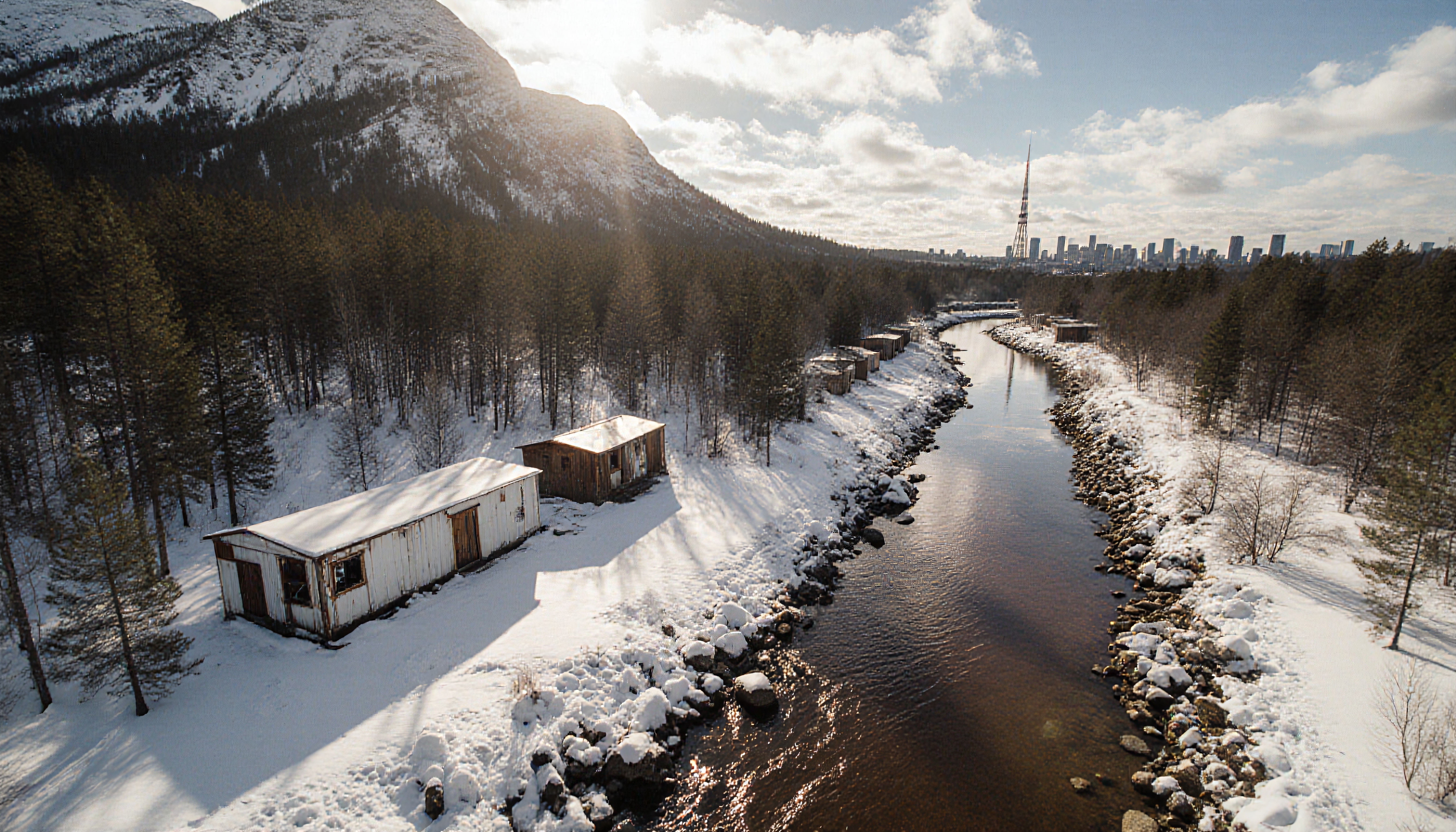 Winter Landscape with Snow-Covered River, Forest, and Distant City