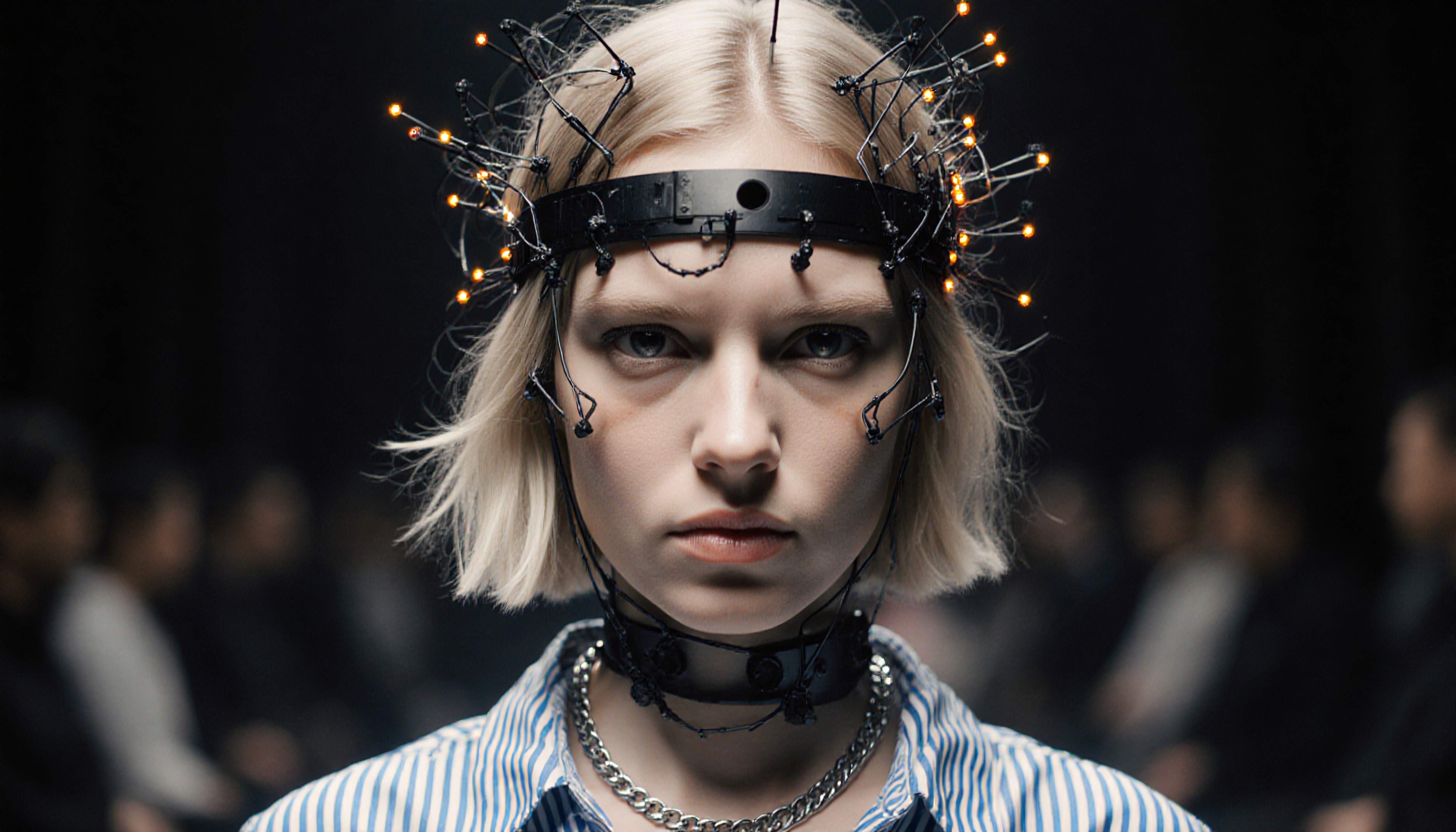 A woman with a futuristic headpiece adorned with glowing lights and intricate wiring exudes a modern, technological aesthetic.