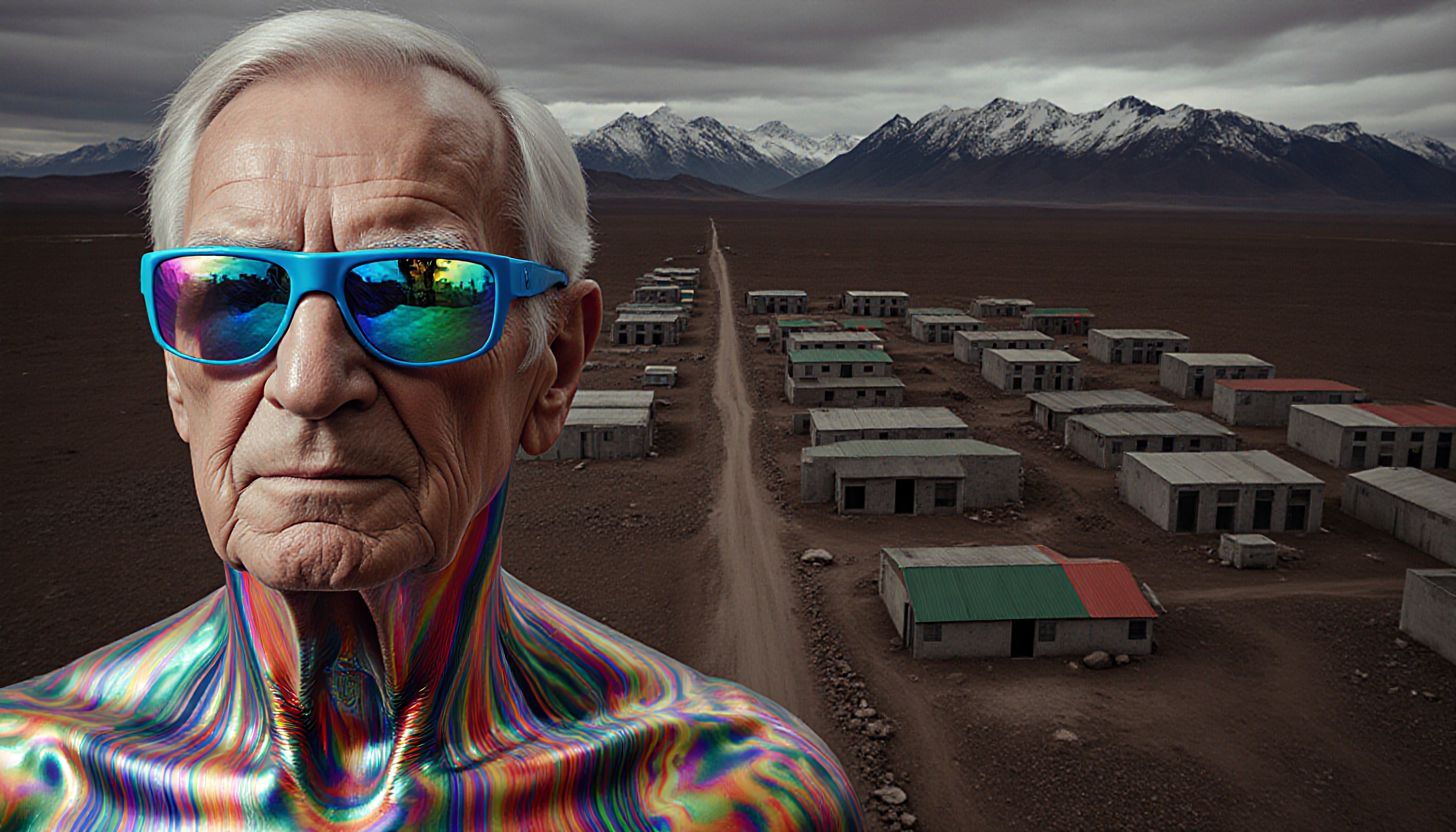 Elderly man in rainbow hues stands with reflective sunglasses in a mountainous, barren landscape.