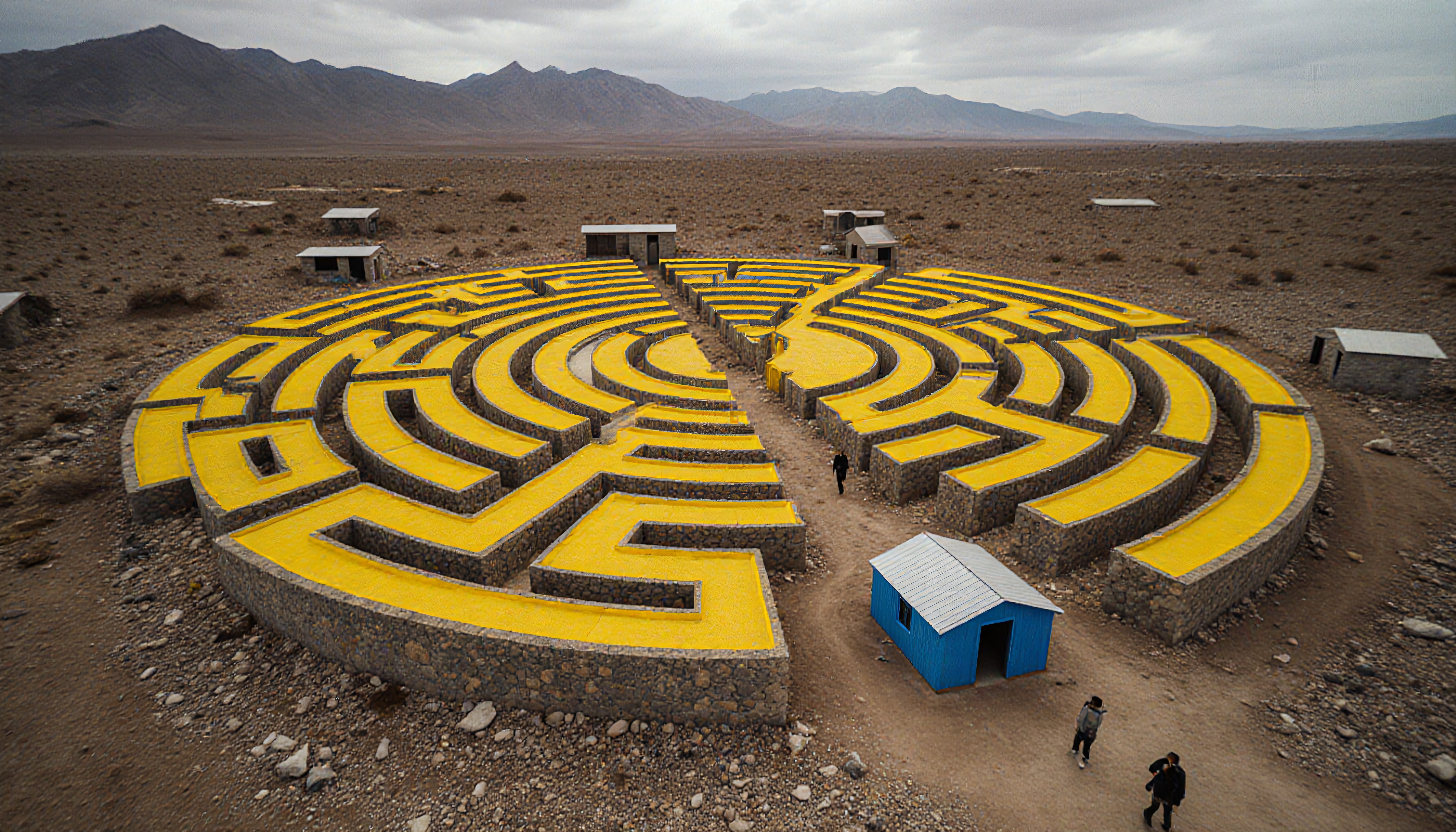 Vivid circular yellow labyrinth in isolated desert landscape with scattered structures.